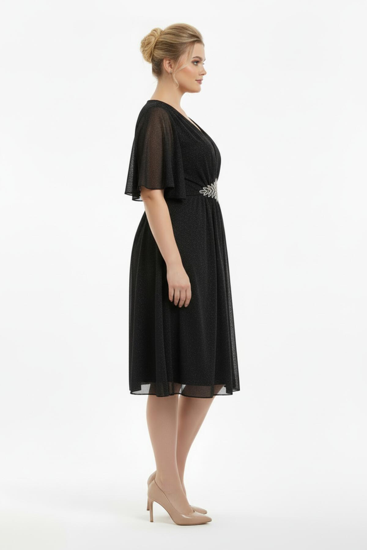 Plus - Size Glitter Tulle Midi Dress With Stone - Embellished Waist — Black