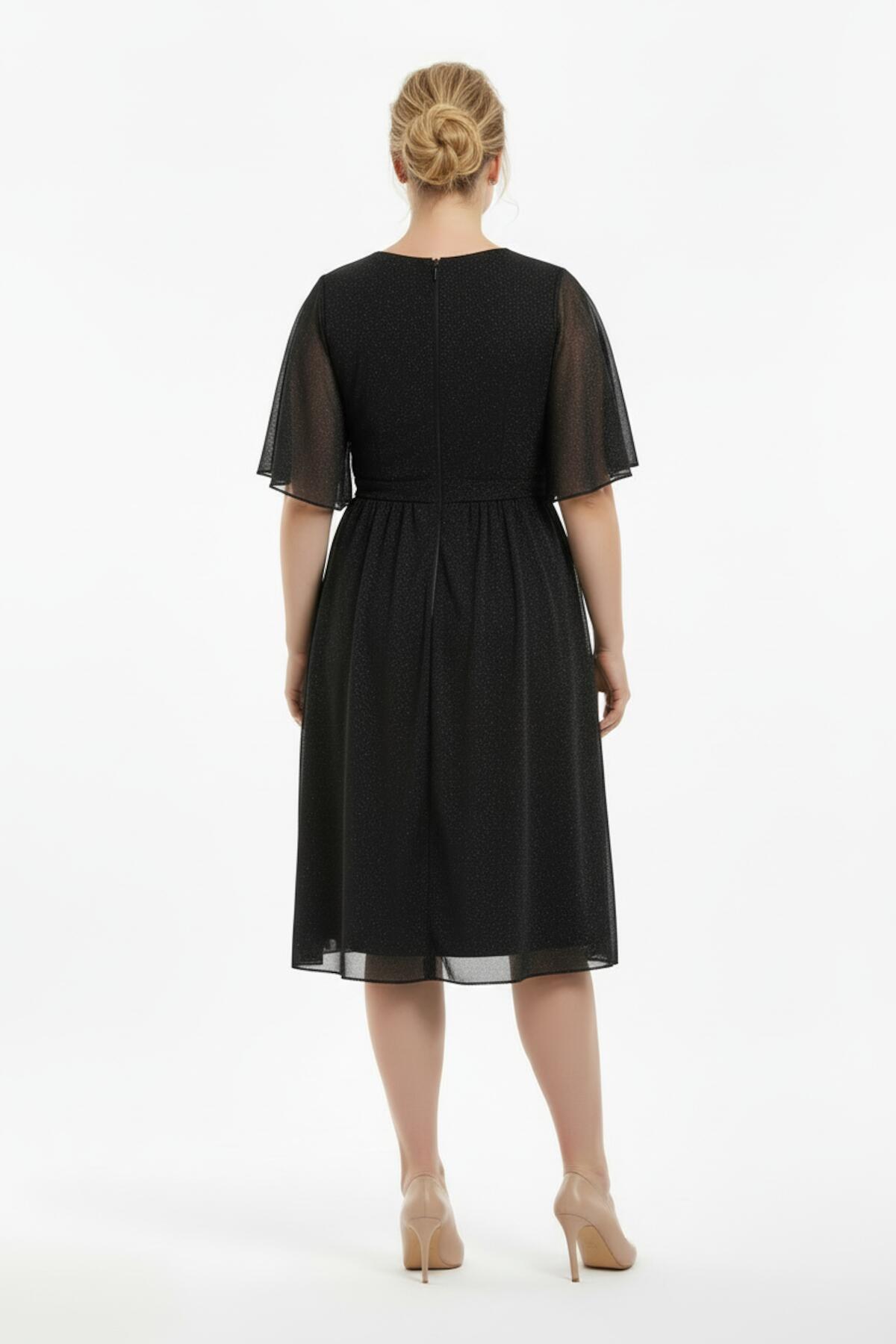 Plus - Size Glitter Tulle Midi Dress With Stone - Embellished Waist — Black