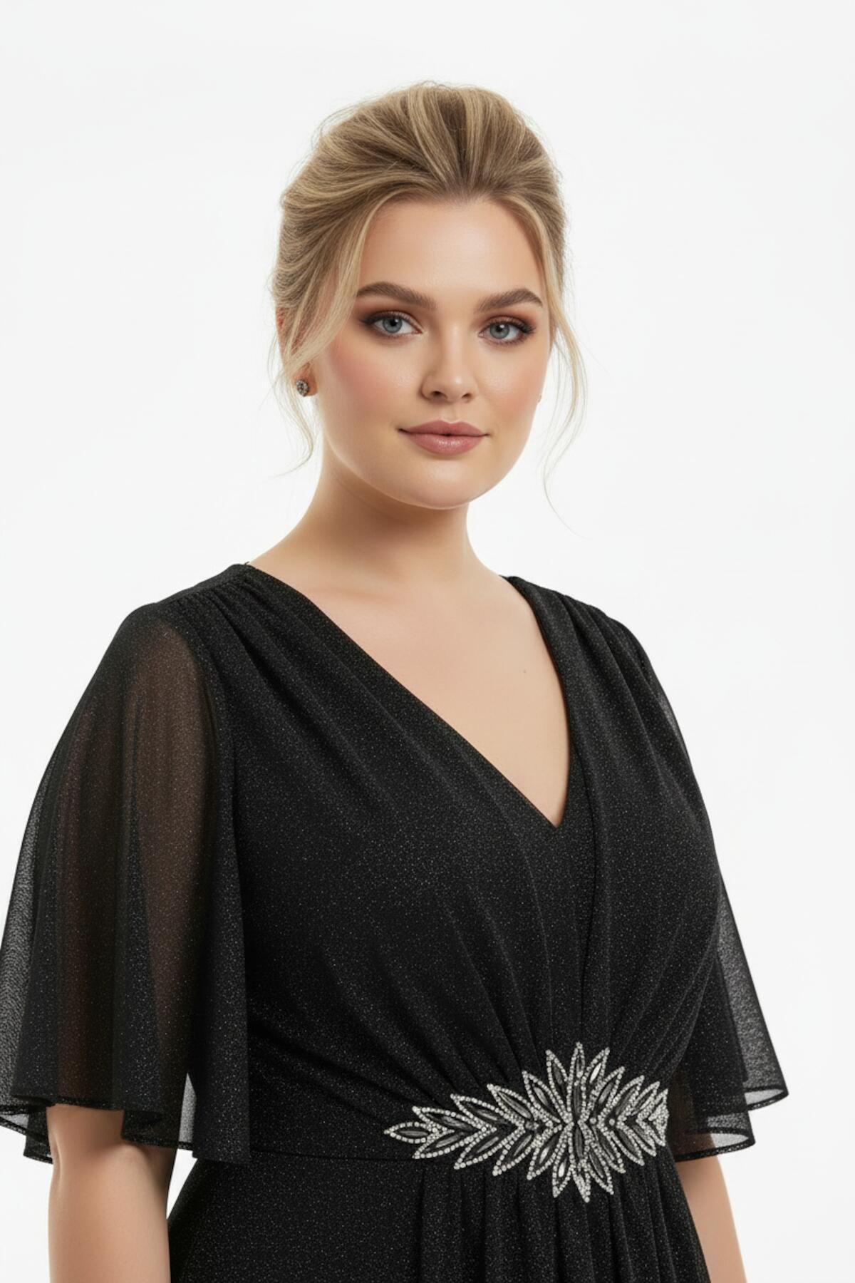 Plus - Size Glitter Tulle Midi Dress With Stone - Embellished Waist — Black