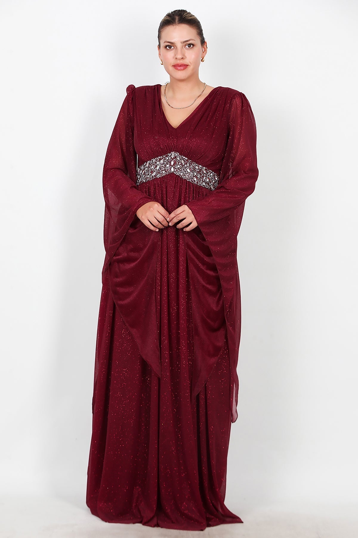 Plus - Size Long Glitter Evening Dress With Waist Embellishment — Burgundy