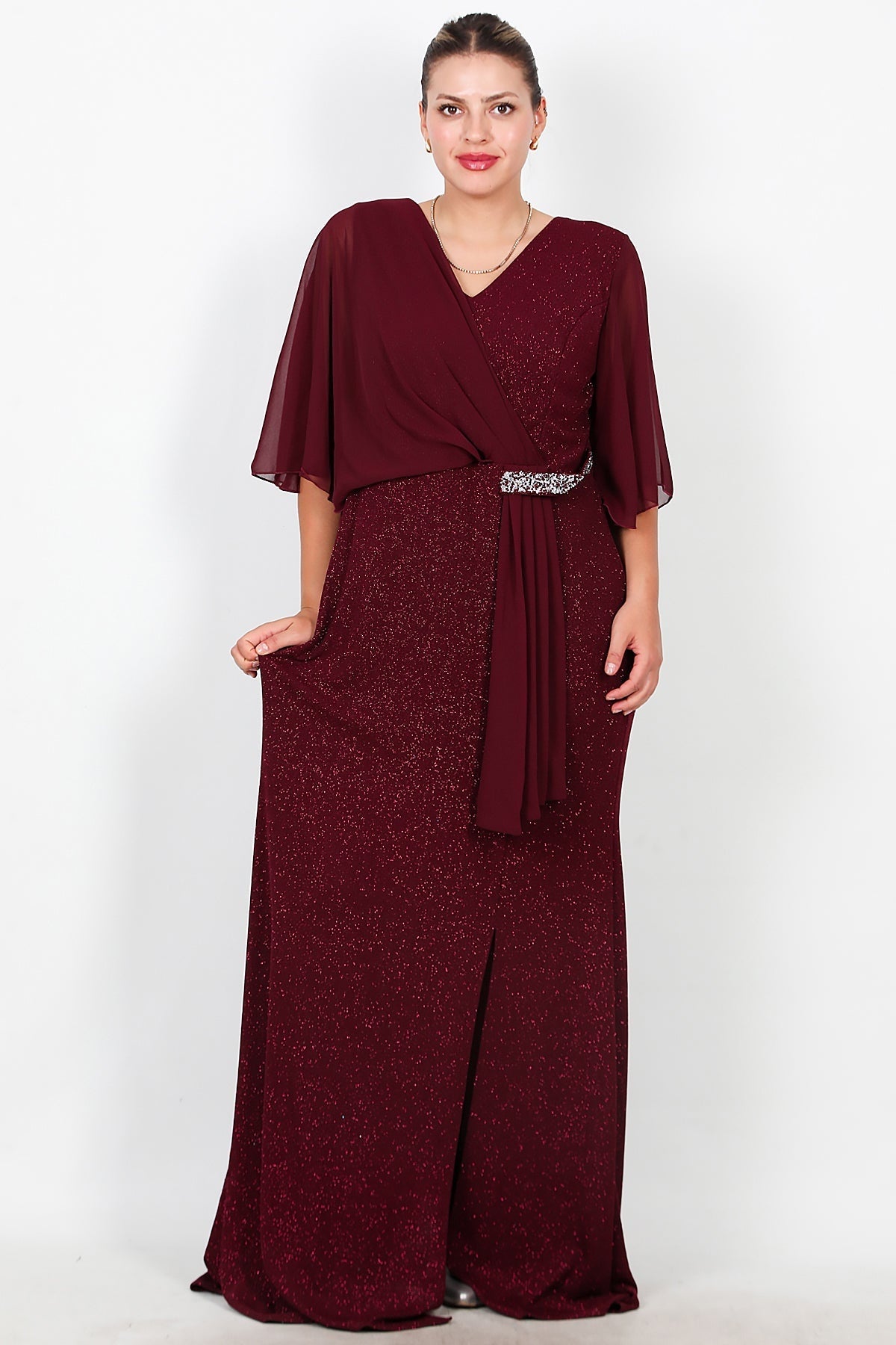 Plus - Size Long Evening Dress With Chiffon Top And Waist Stone Detail — Burgundy