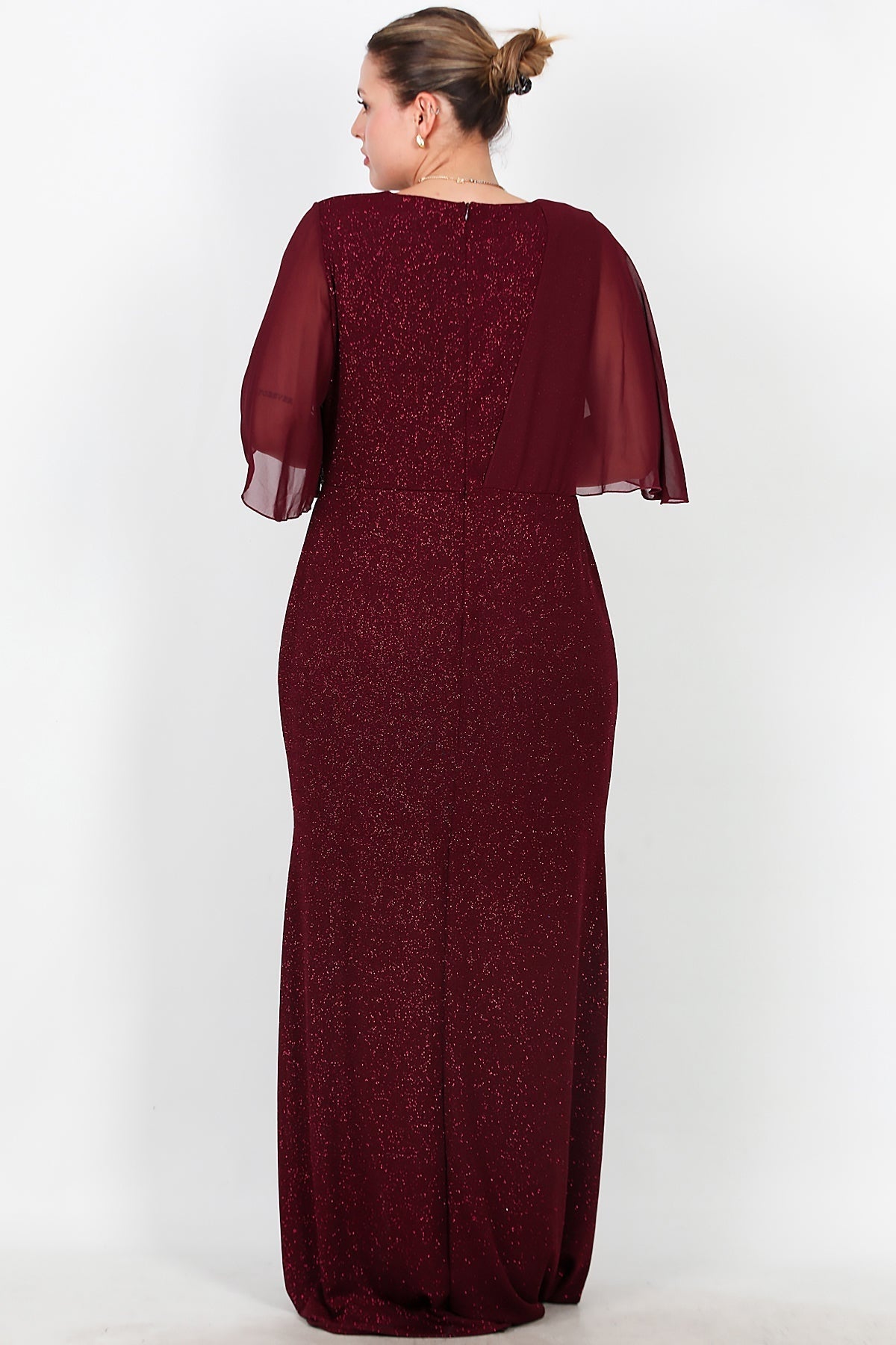 Plus - Size Long Evening Dress With Chiffon Top And Waist Stone Detail — Burgundy