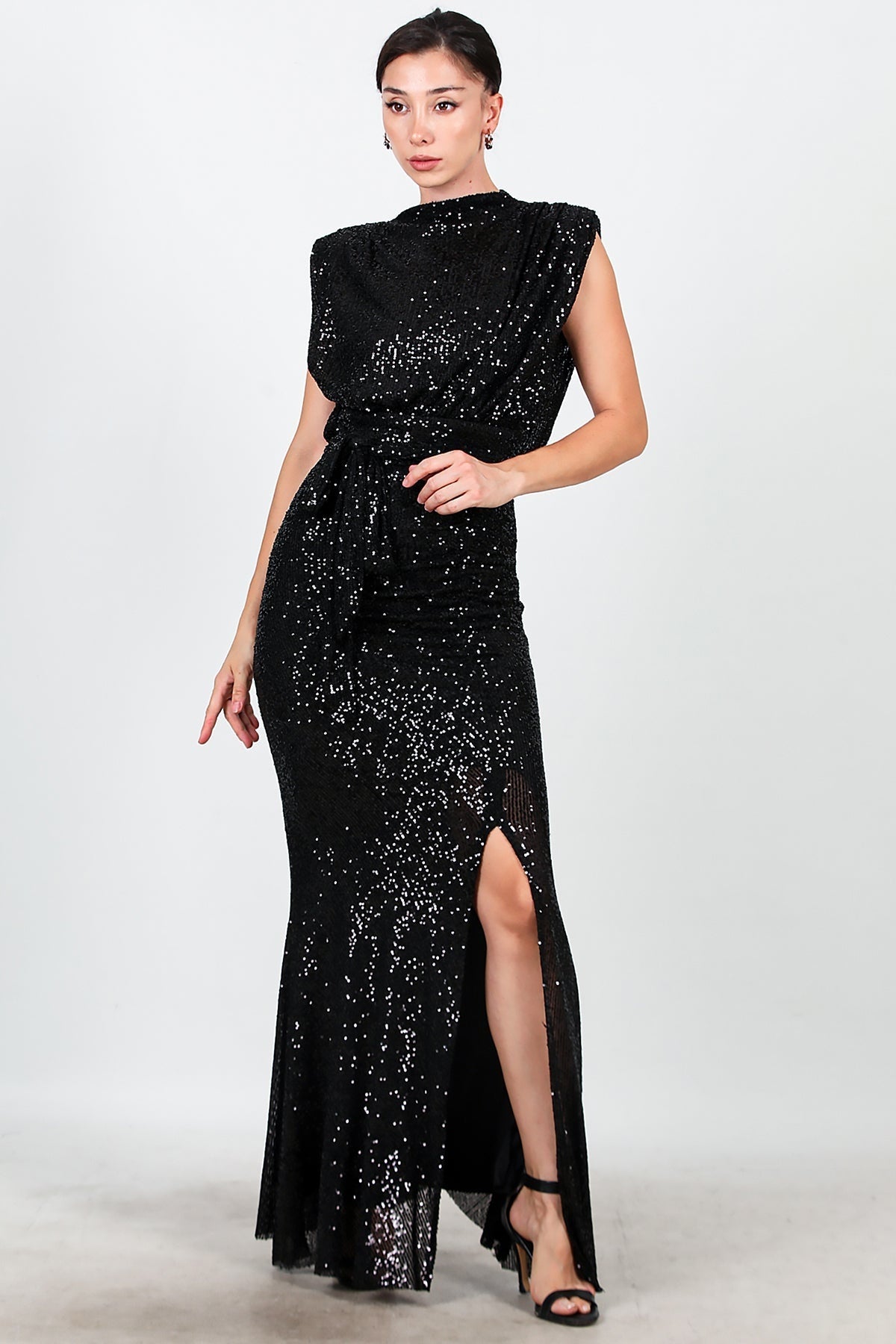 Belted Long Evening Dress With Side Slit — Black