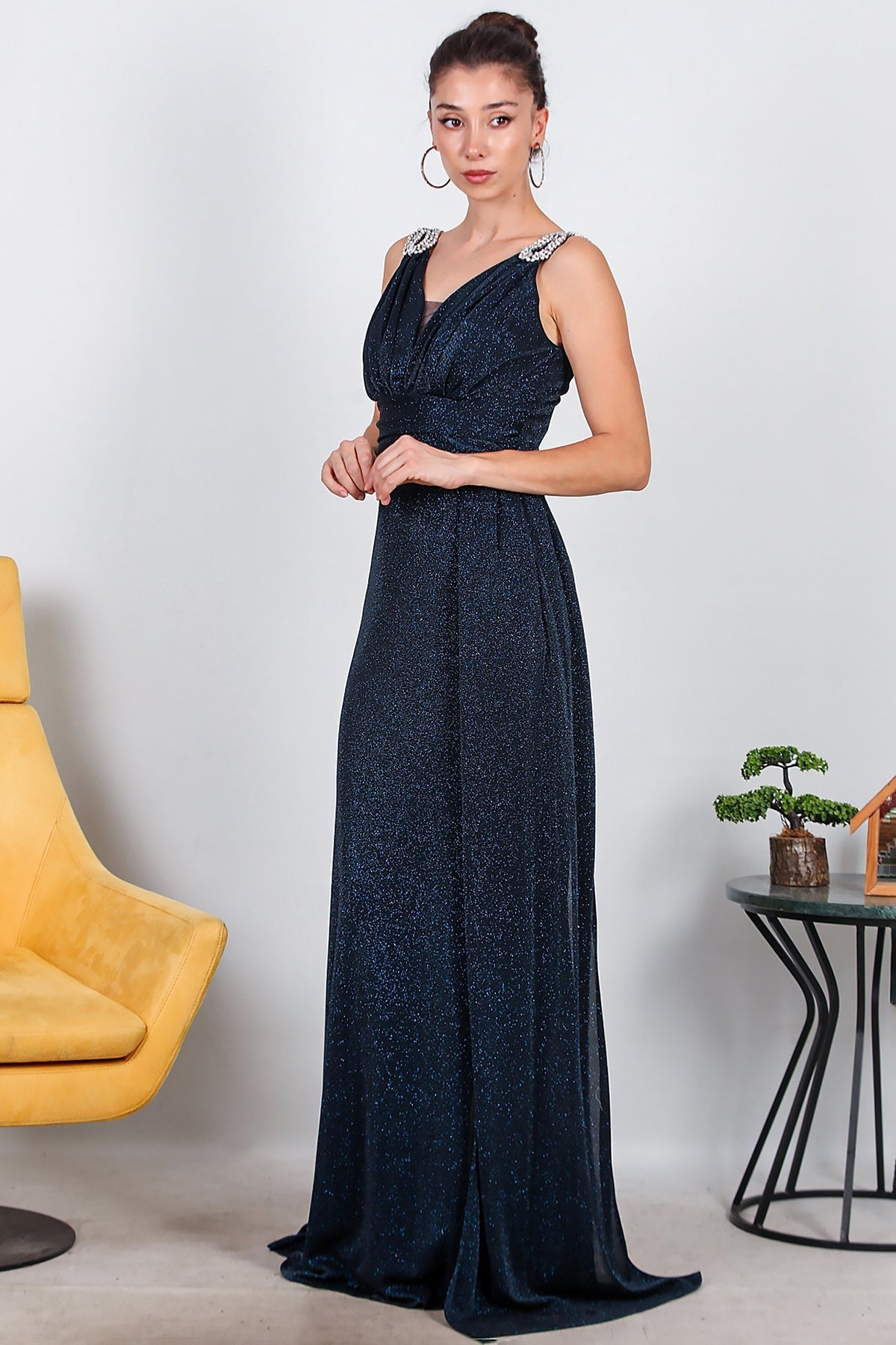 Sparkle Maxi Evening Dress With Shoulder Detail — Navy