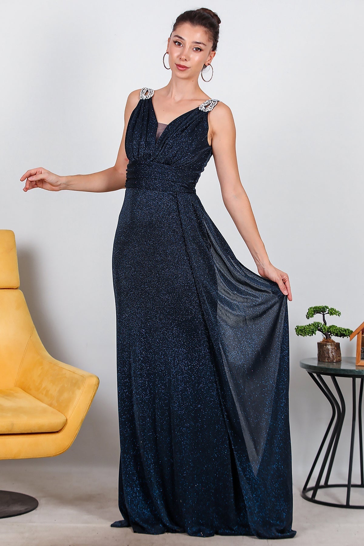 Sparkle Maxi Evening Dress With Shoulder Detail — Navy