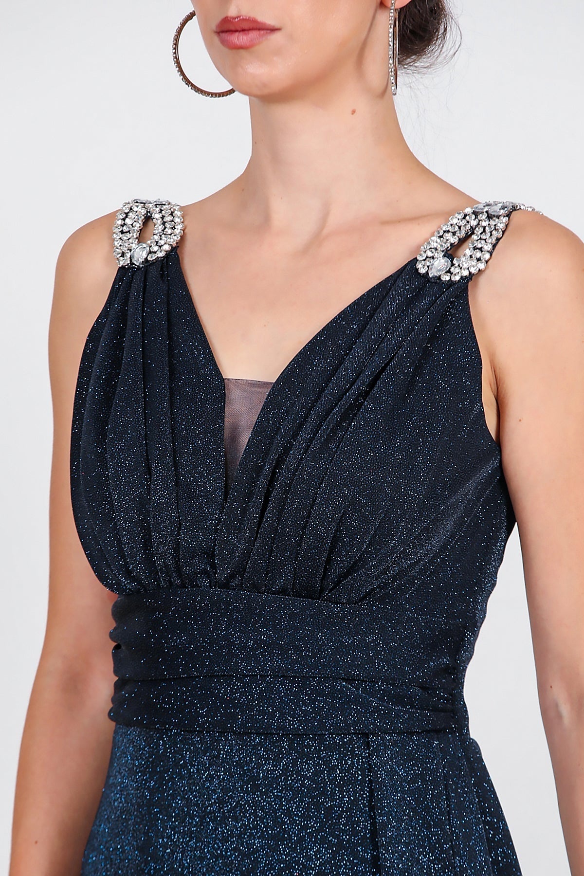 Sparkle Maxi Evening Dress With Shoulder Detail — Navy