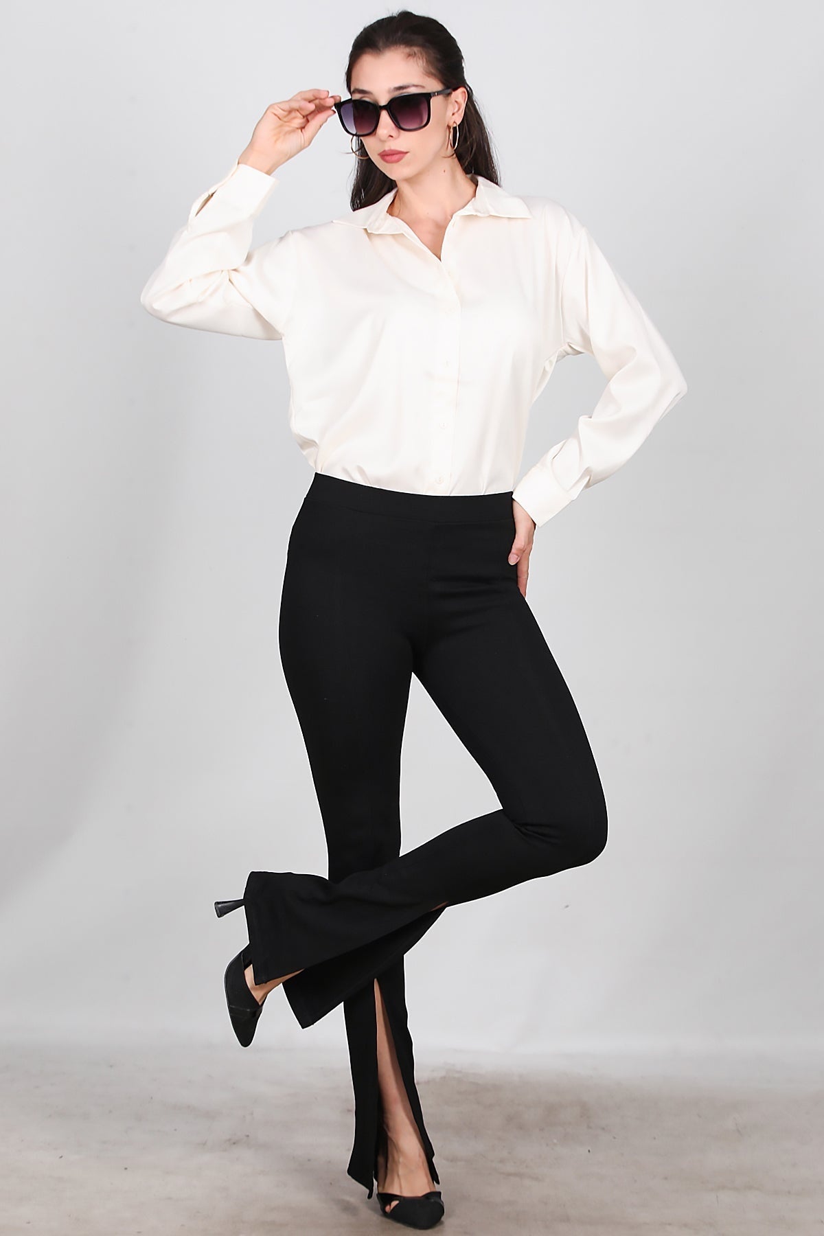 Women's Flared Leggings With Side Slit — Black