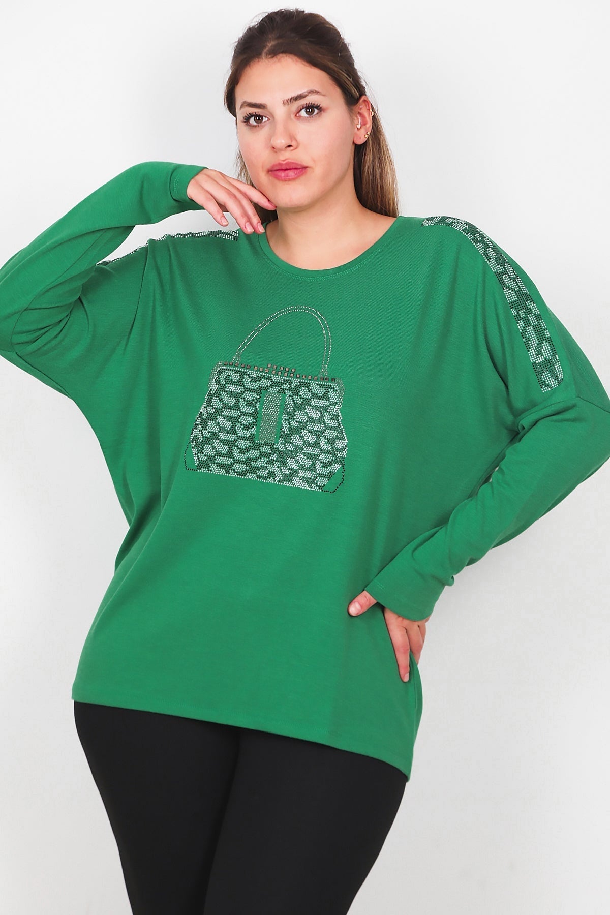 Plus - Size Printed Long - Sleeve Blouse With Front Pocket — Green