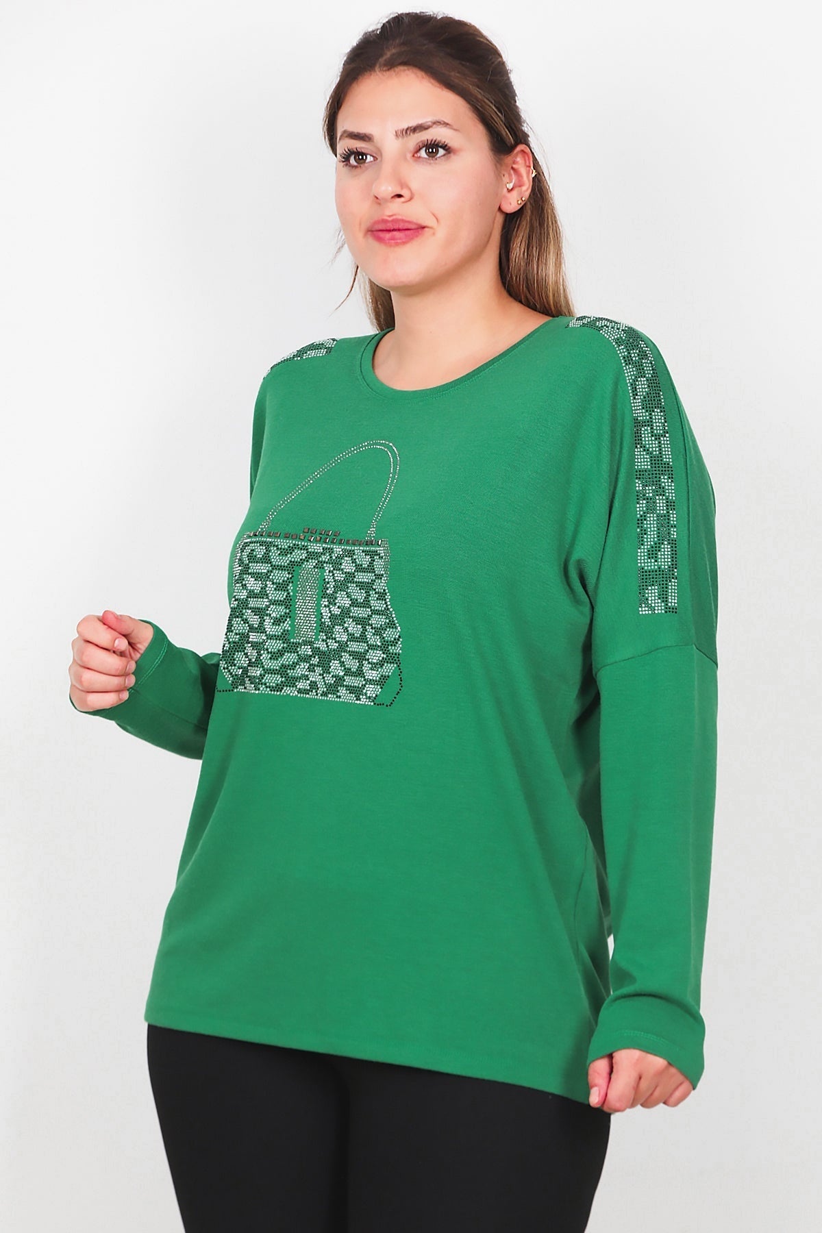 Plus - Size Printed Long - Sleeve Blouse With Front Pocket — Green