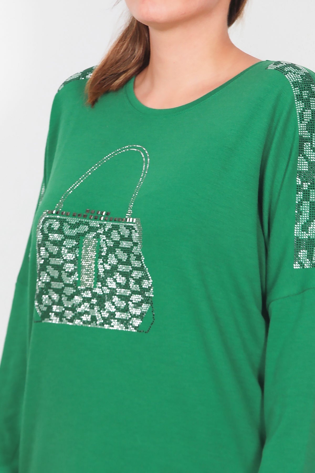 Plus - Size Printed Long - Sleeve Blouse With Front Pocket — Green