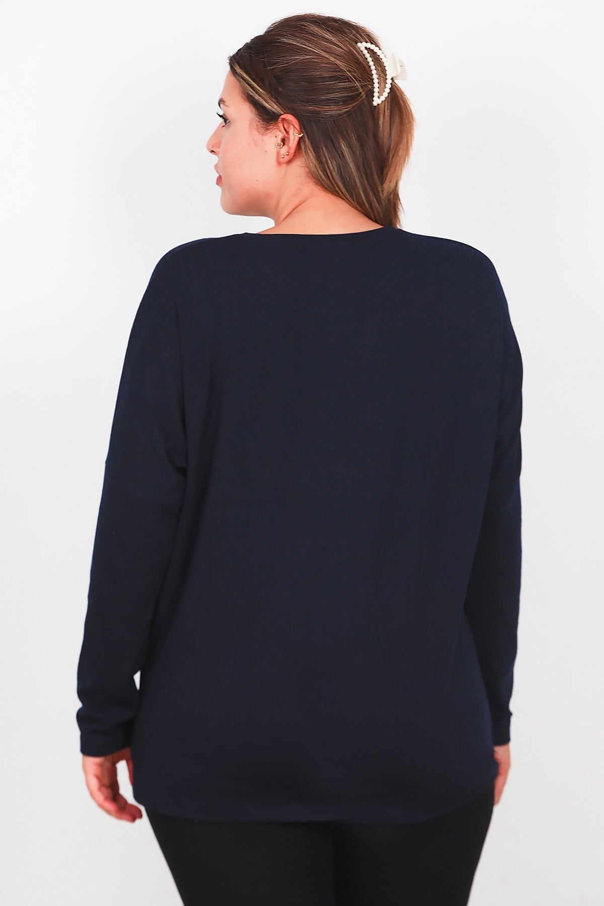 Plus - Size Long - Sleeve Blouse With Front Pocket — Navy