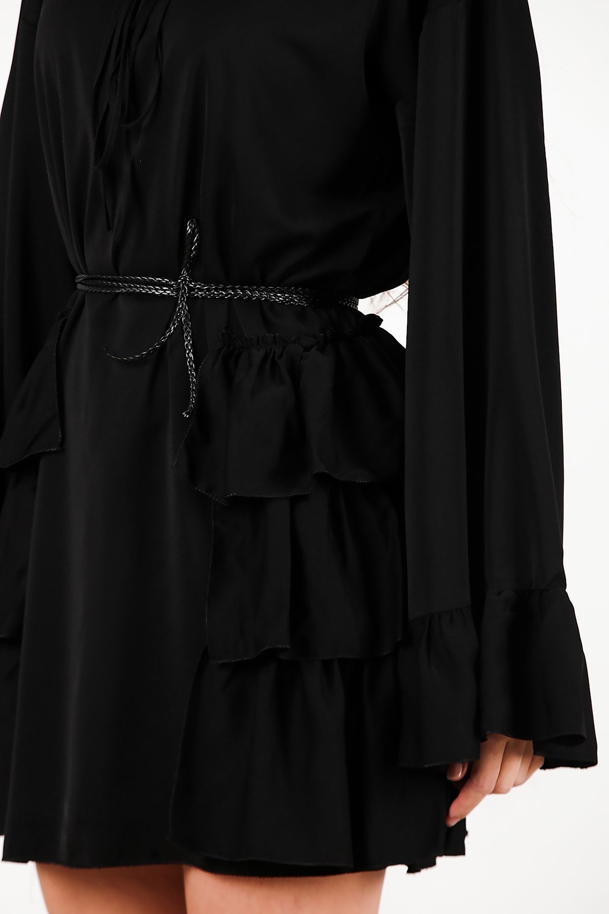 Dress With Side And Sleeve - Edge Ruffles – Black