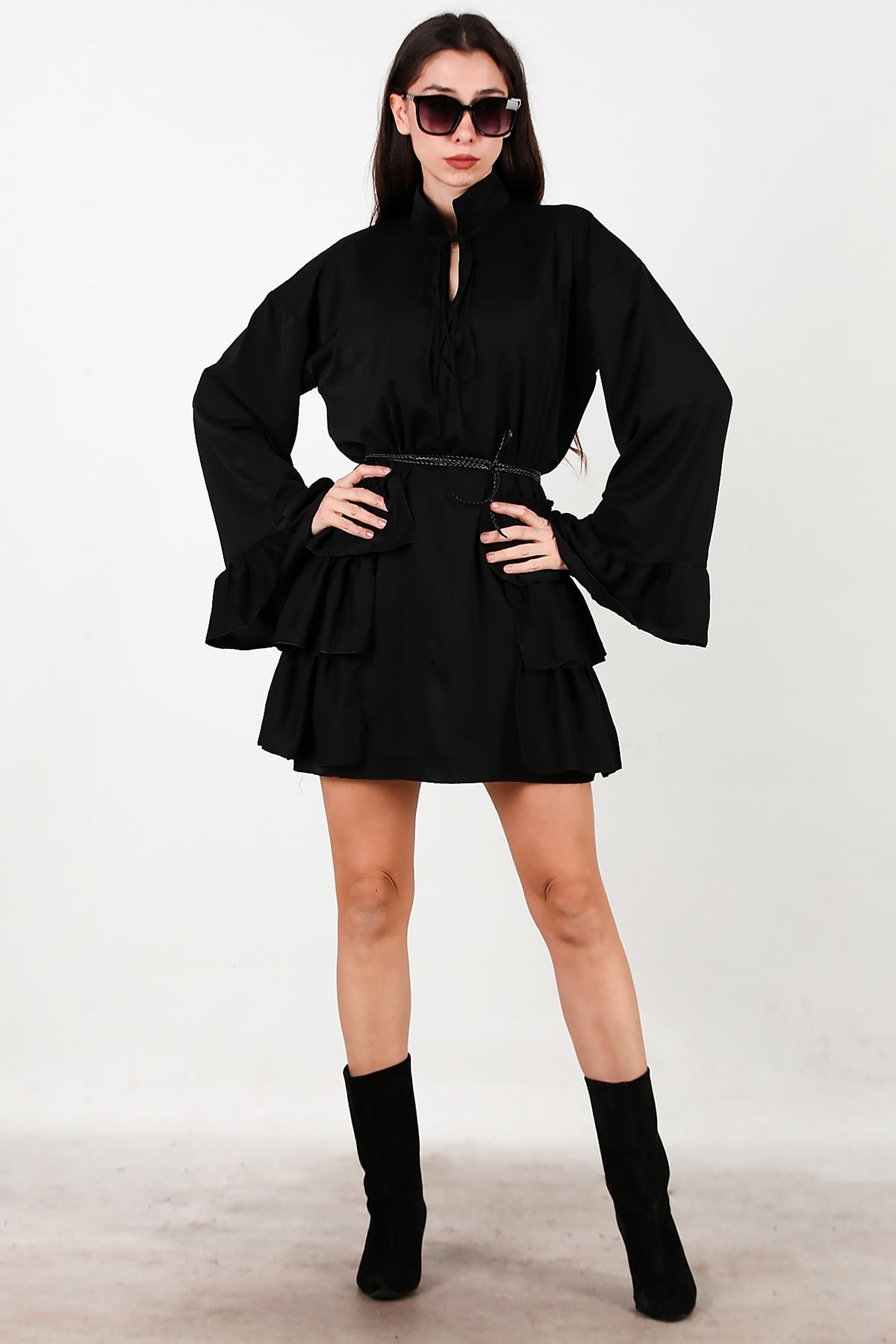 Dress With Side And Sleeve - Edge Ruffles – Black