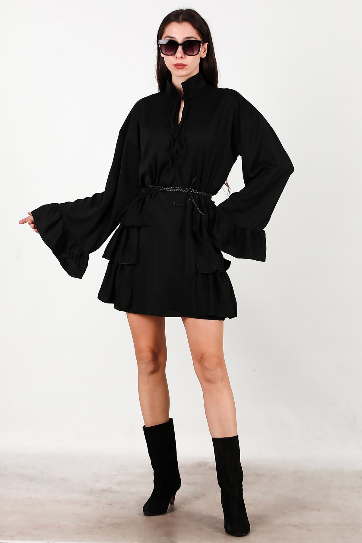 Dress With Side And Sleeve - Edge Ruffles – Black