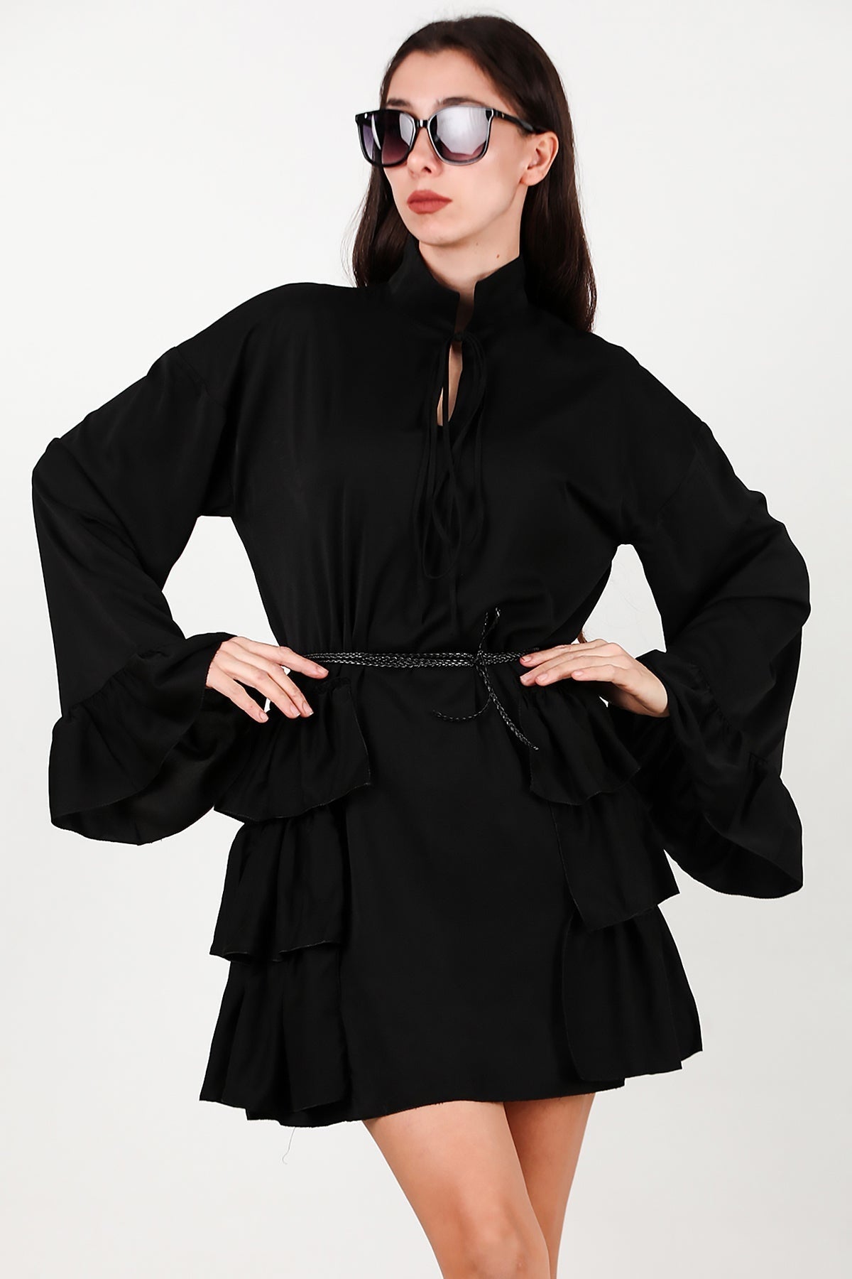 Dress With Side And Sleeve - Edge Ruffles – Black
