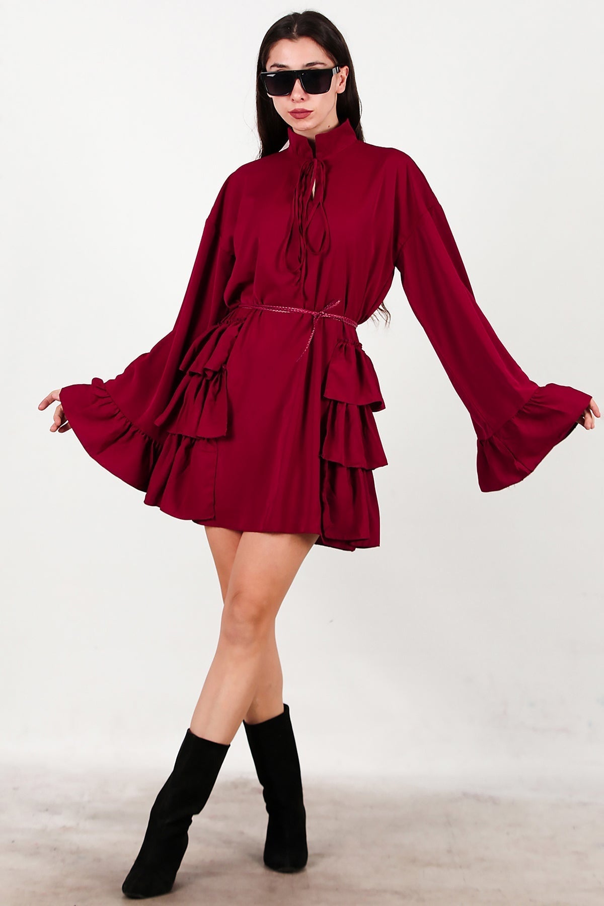 Dress With Side And Sleeve Ruffles — Burgundy