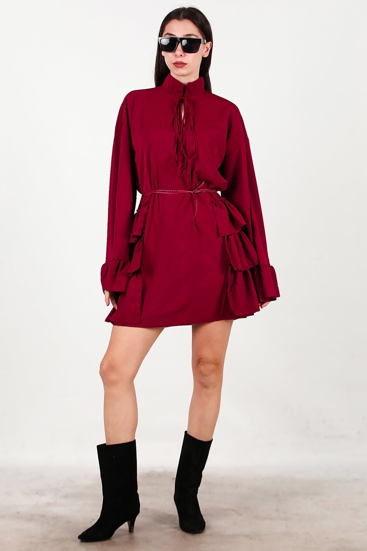 Dress With Side And Sleeve Ruffles — Burgundy