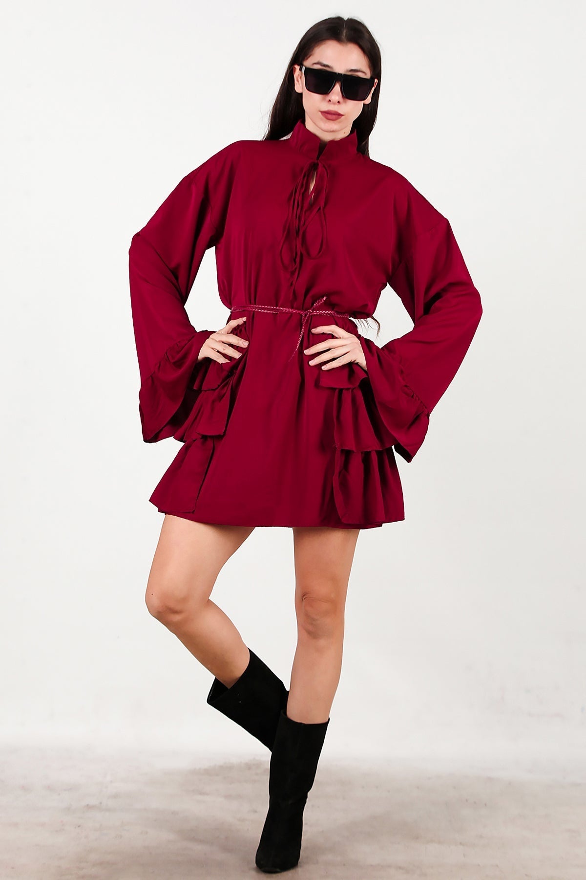Dress With Side And Sleeve Ruffles — Burgundy