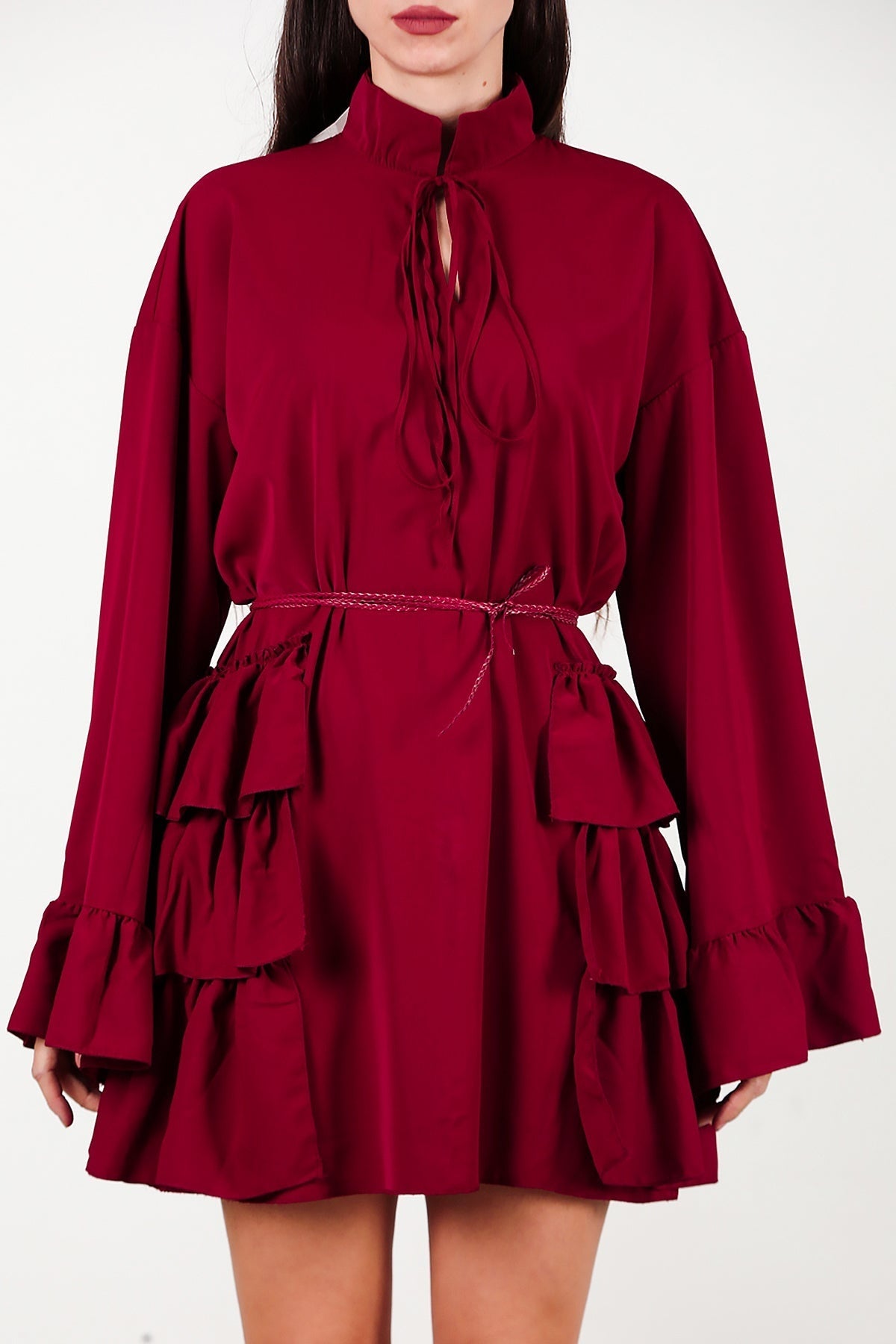 Dress With Side And Sleeve Ruffles — Burgundy