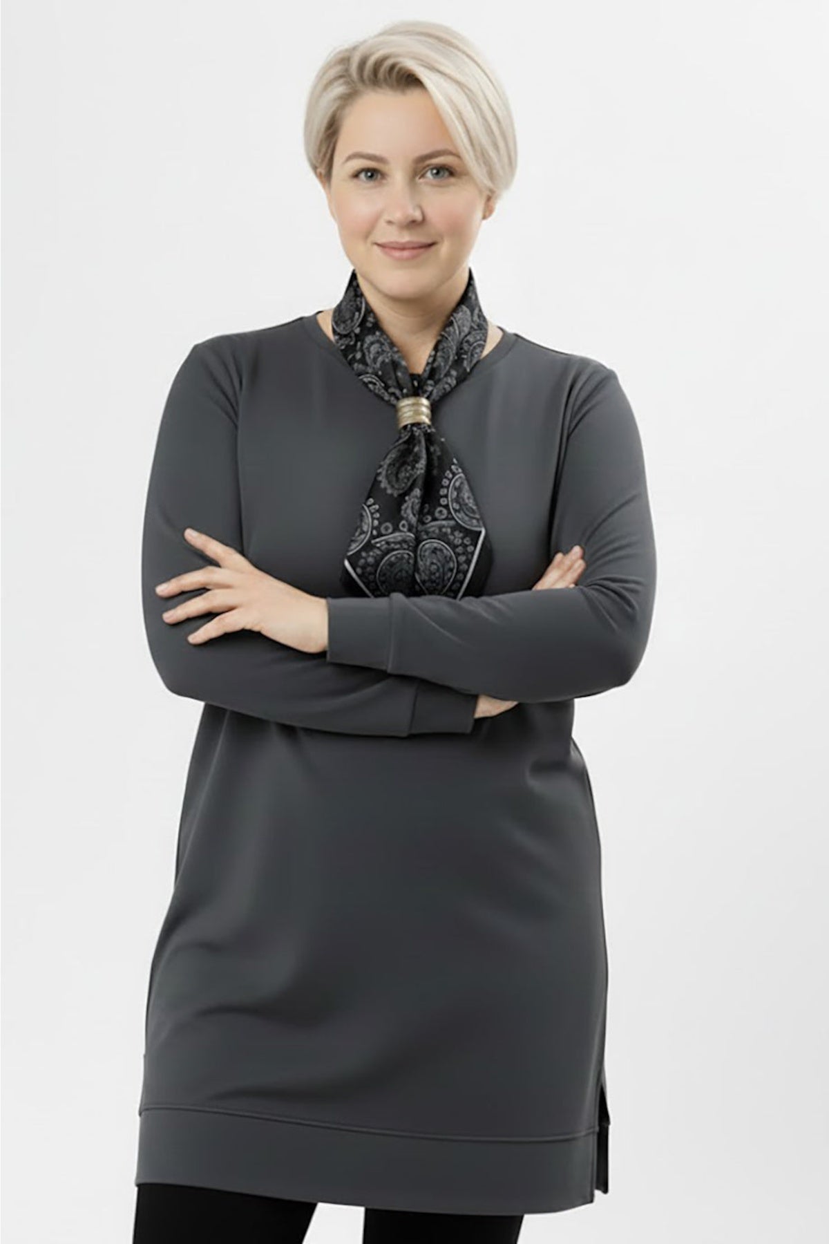 Plus - Size Tunic With Scarf — Charcoal
