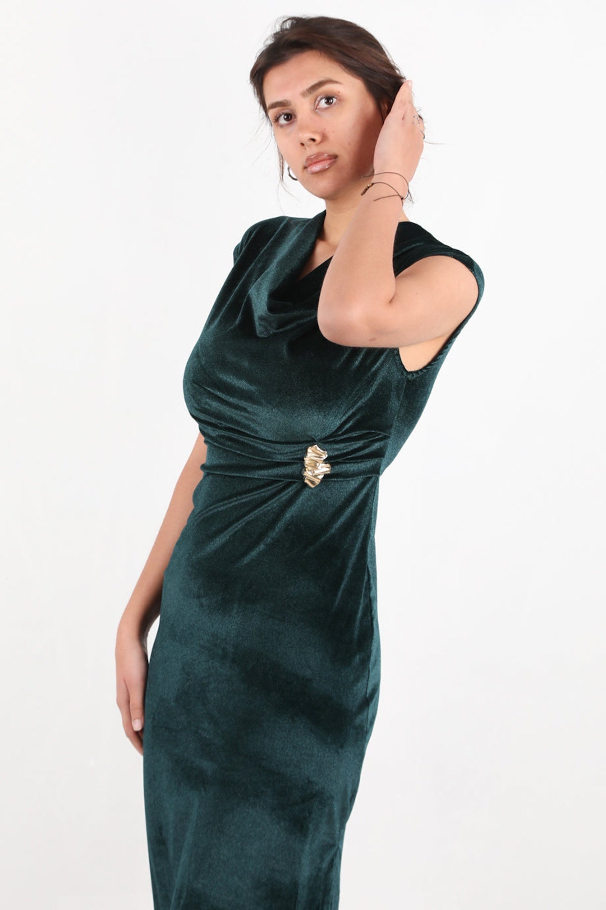 Long Velvet Dress With Clip Detail — Emerald