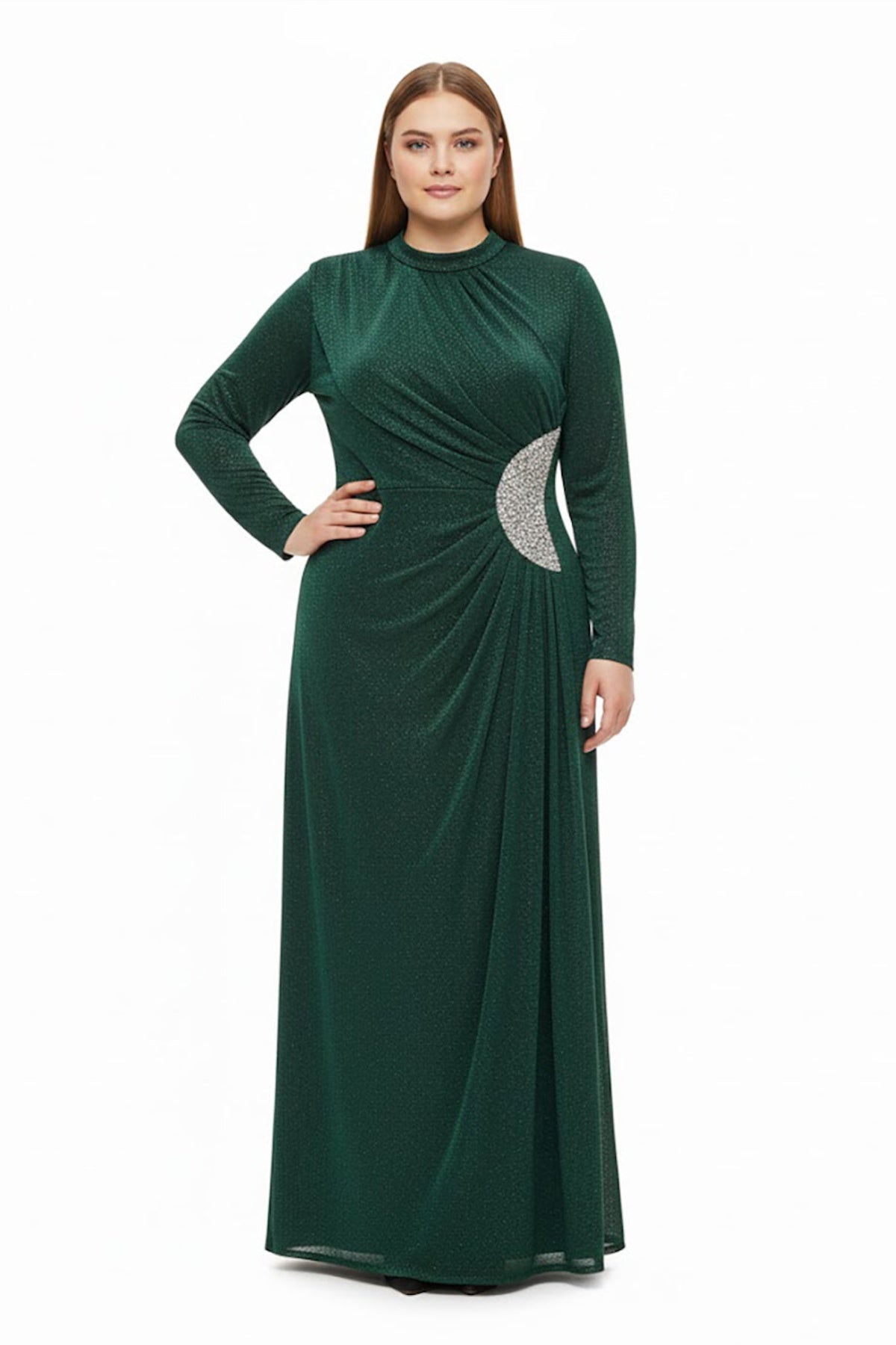 Plus‑Size Long‑Sleeve Evening Dress With Stone‑Detail Waist — Green