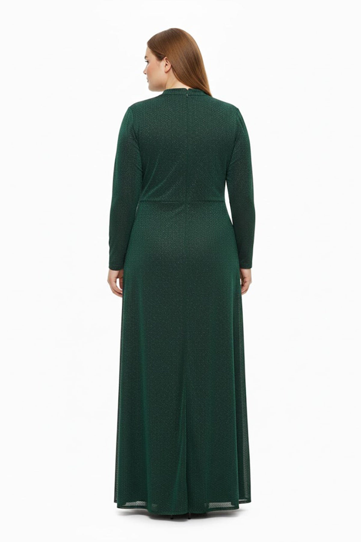 Plus‑Size Long‑Sleeve Evening Dress With Stone‑Detail Waist — Green