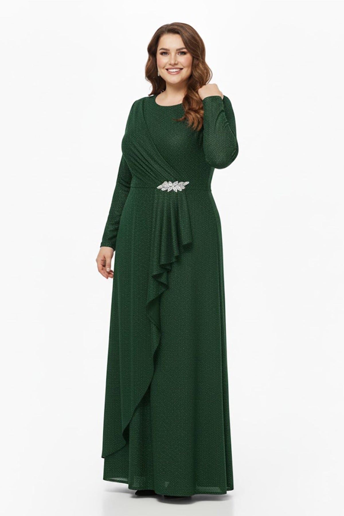 Plus‑Size Long‑Sleeve Evening Dress With Waist Detail — Green