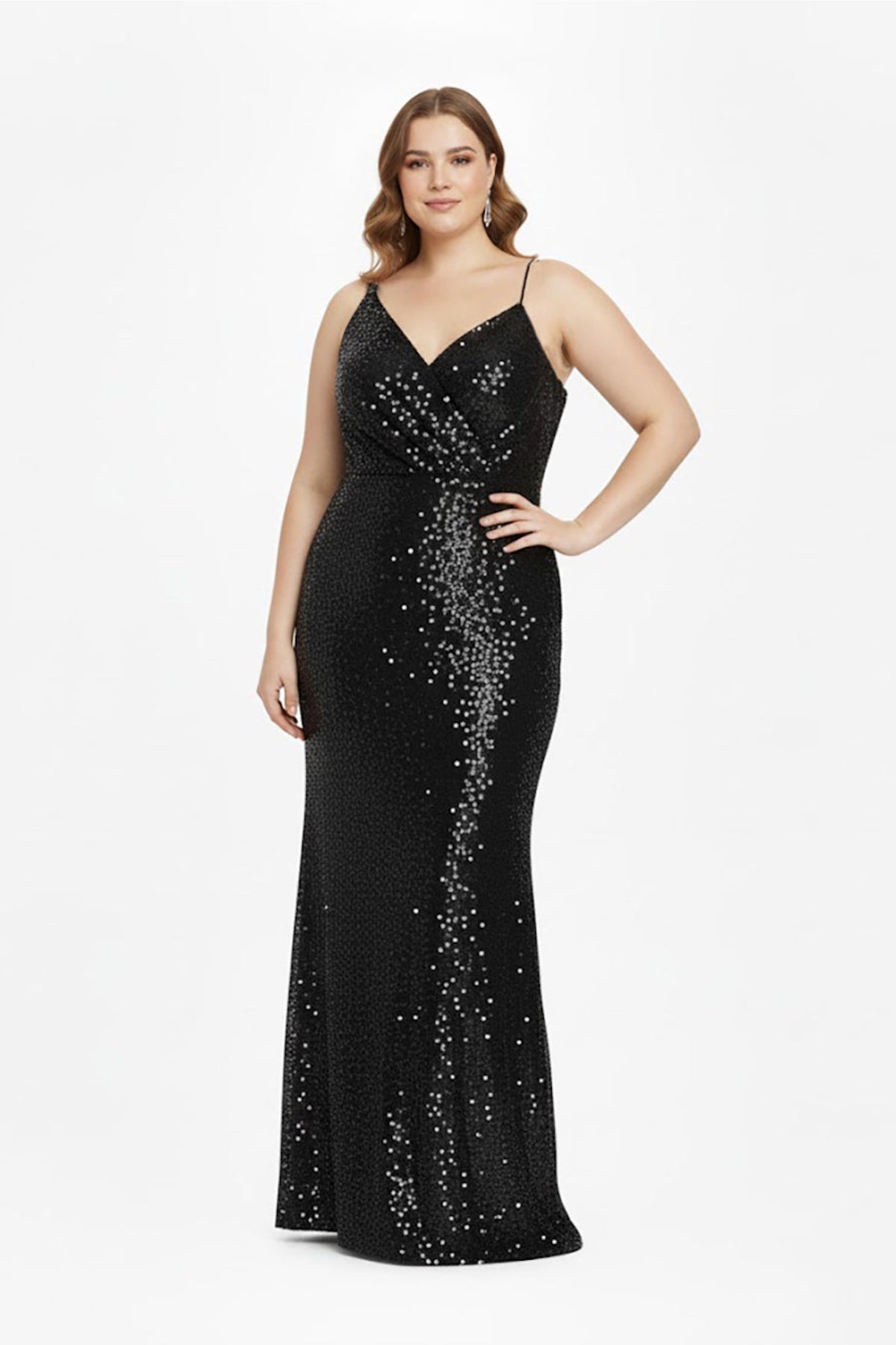 Plus - Size One - Shoulder Sequin Velvet Gown - Black