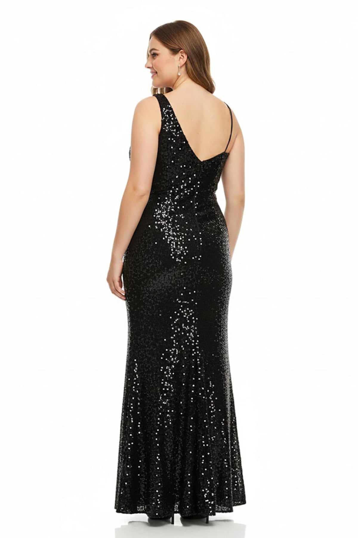 Plus - Size One - Shoulder Sequin Velvet Gown - Black
