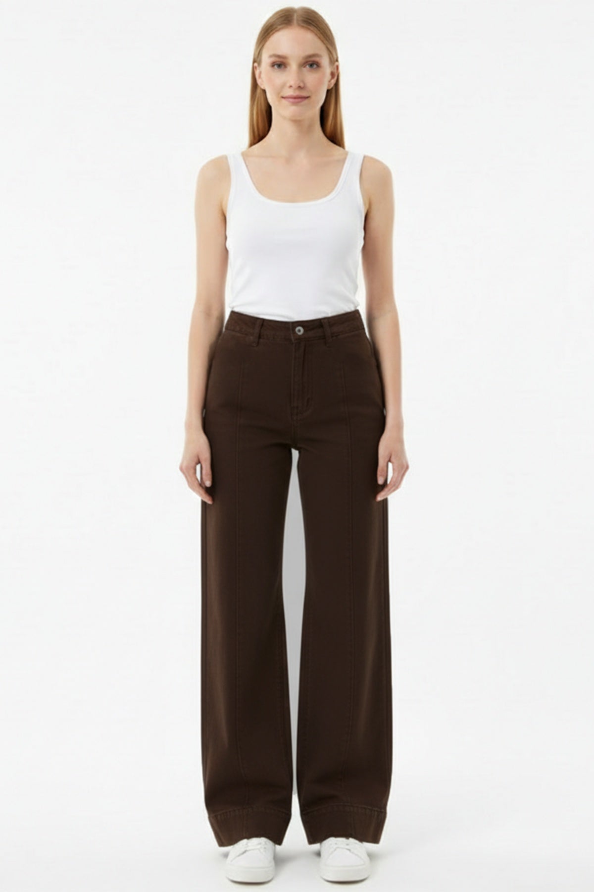 Wide‑Leg Jeans With Front 'Çimalı' Detail — Brown