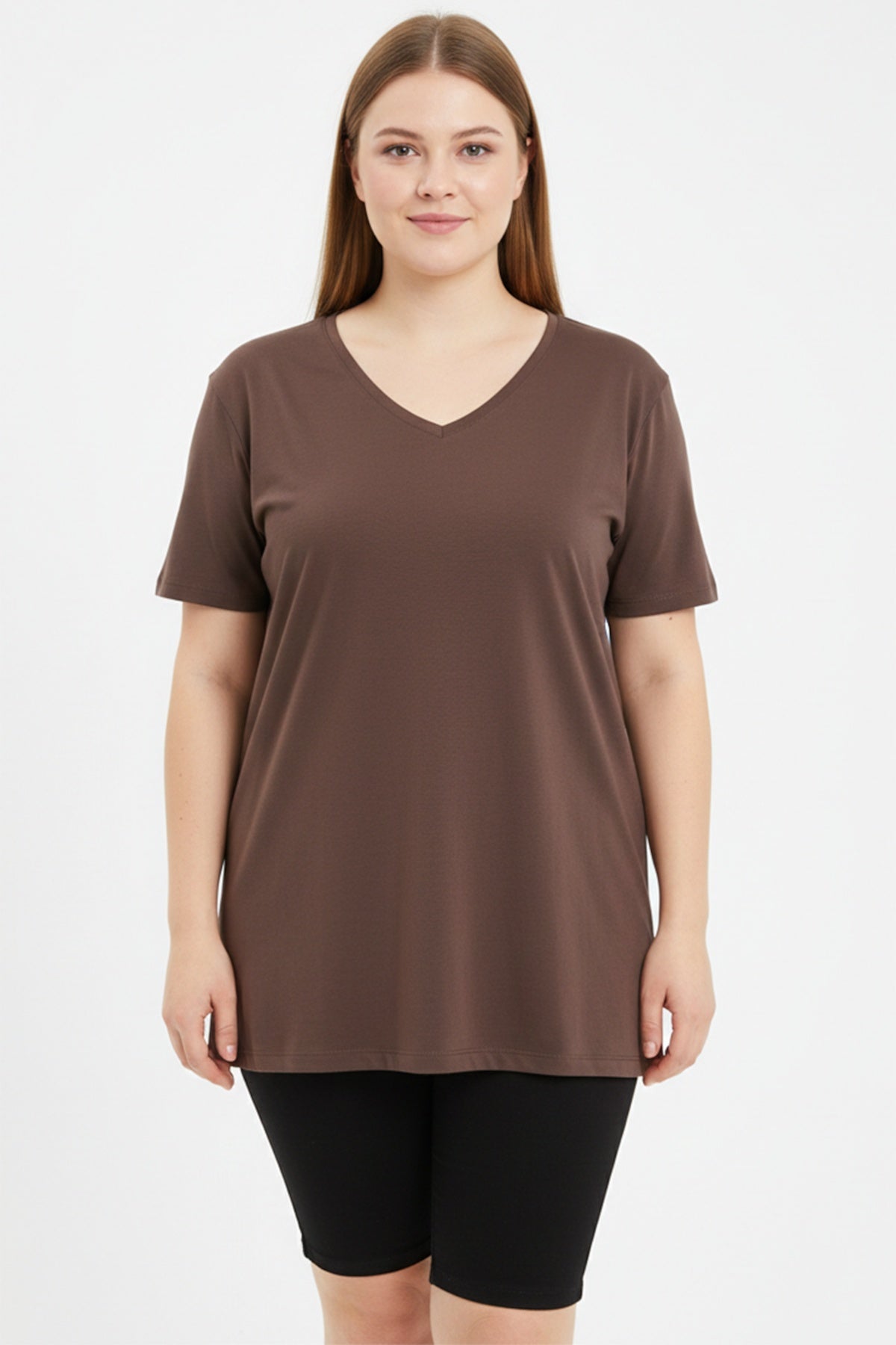 Plus - Size Oversized V - Neck T - Shirt — Brown