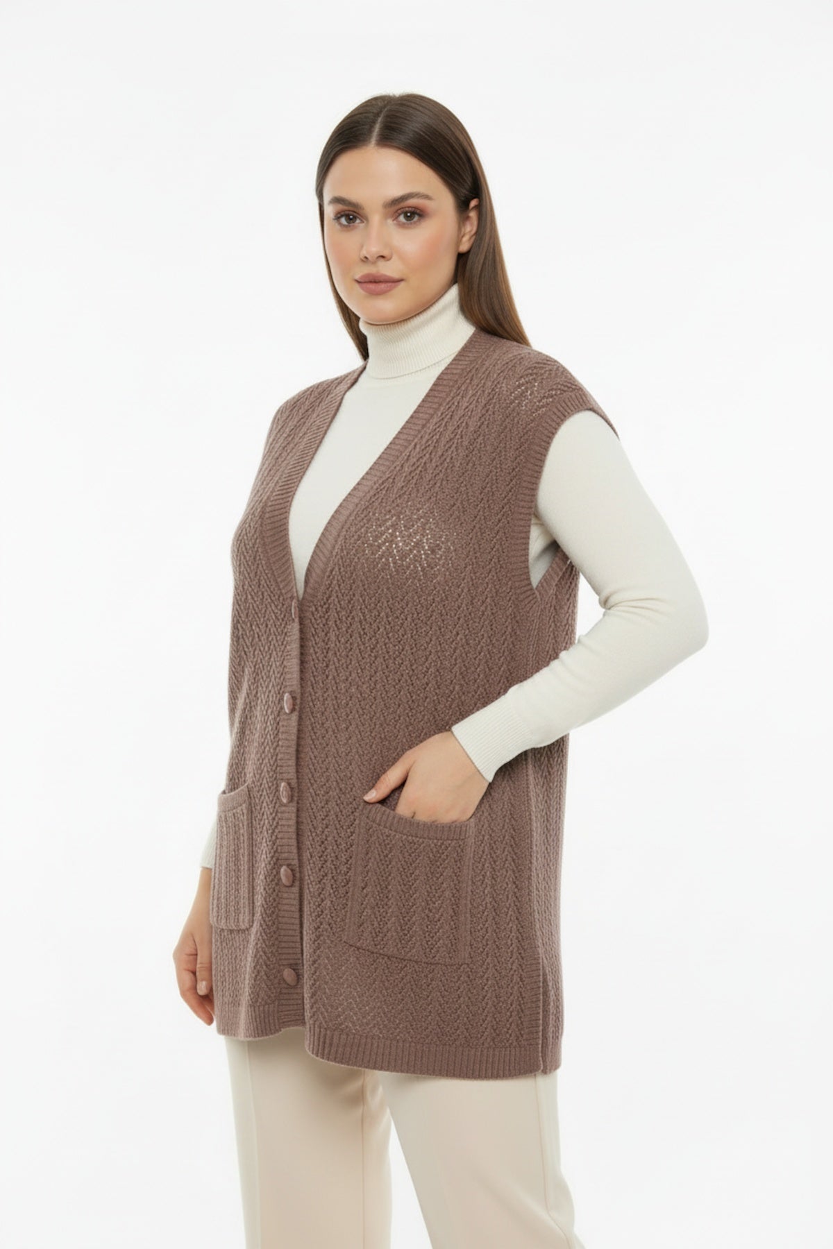 Plus - Size Patterned Vest — Light Brown