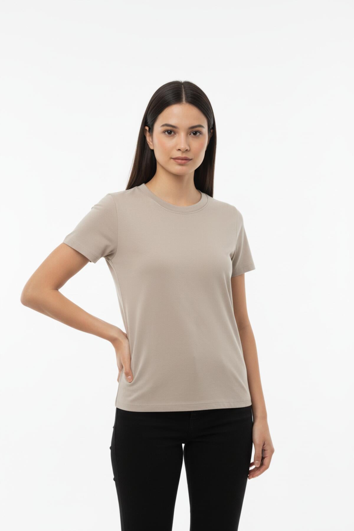 Women's Taupe Crew‑Neck Body T‑Shirt