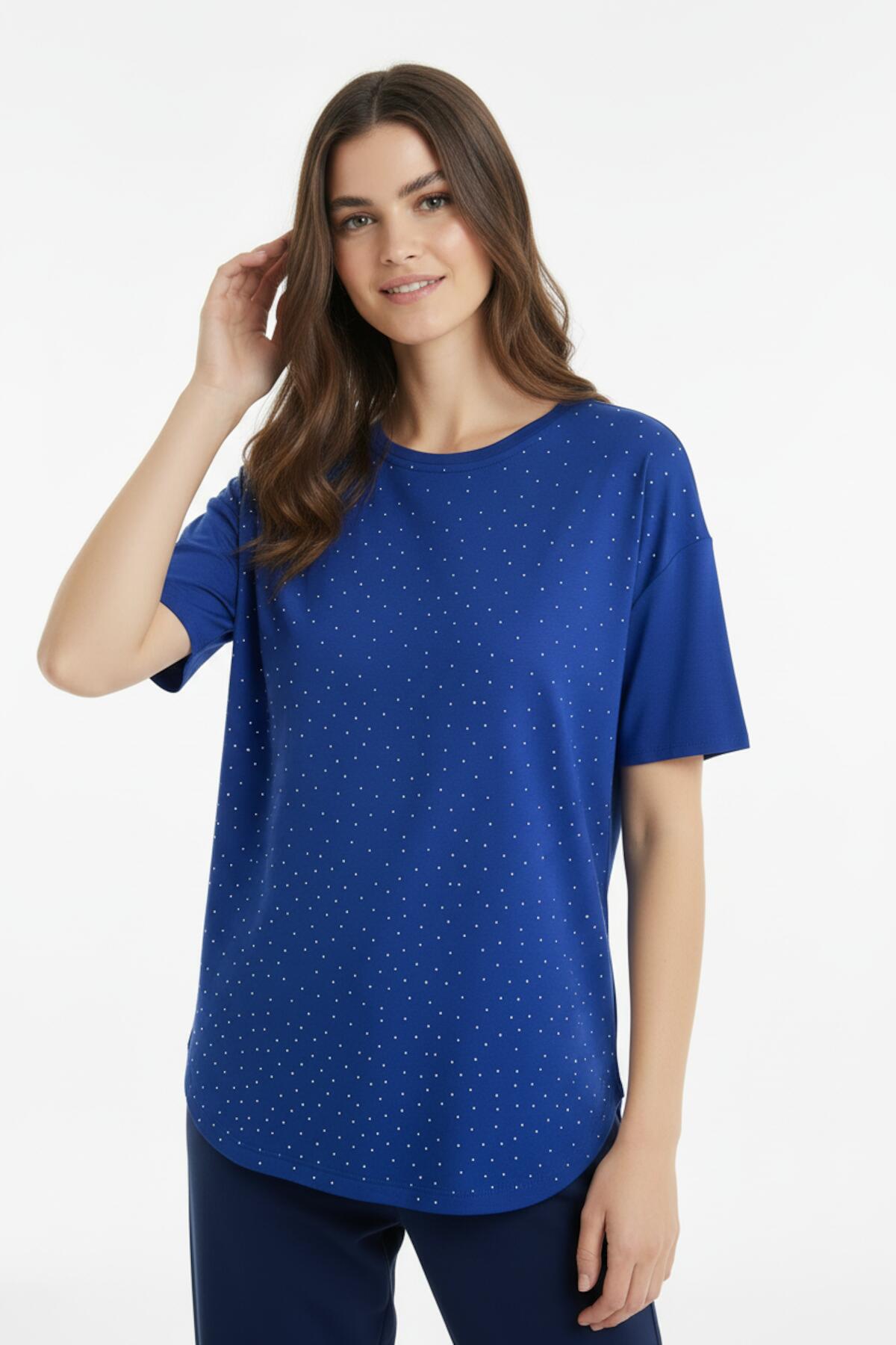 Women's Rounded‑Hem T‑Shirt With Stone Embellishments — Navy