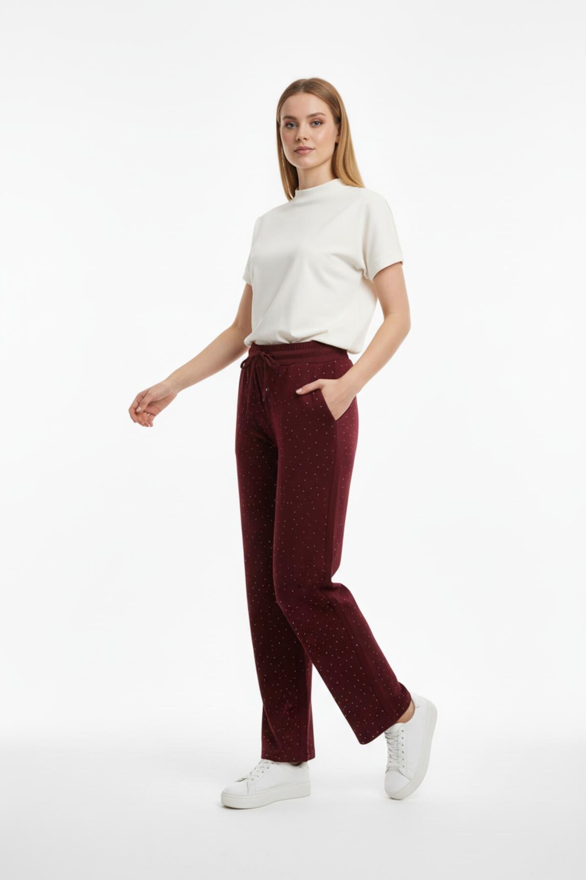Burgundy Wide - Leg Trousers With Stone Details