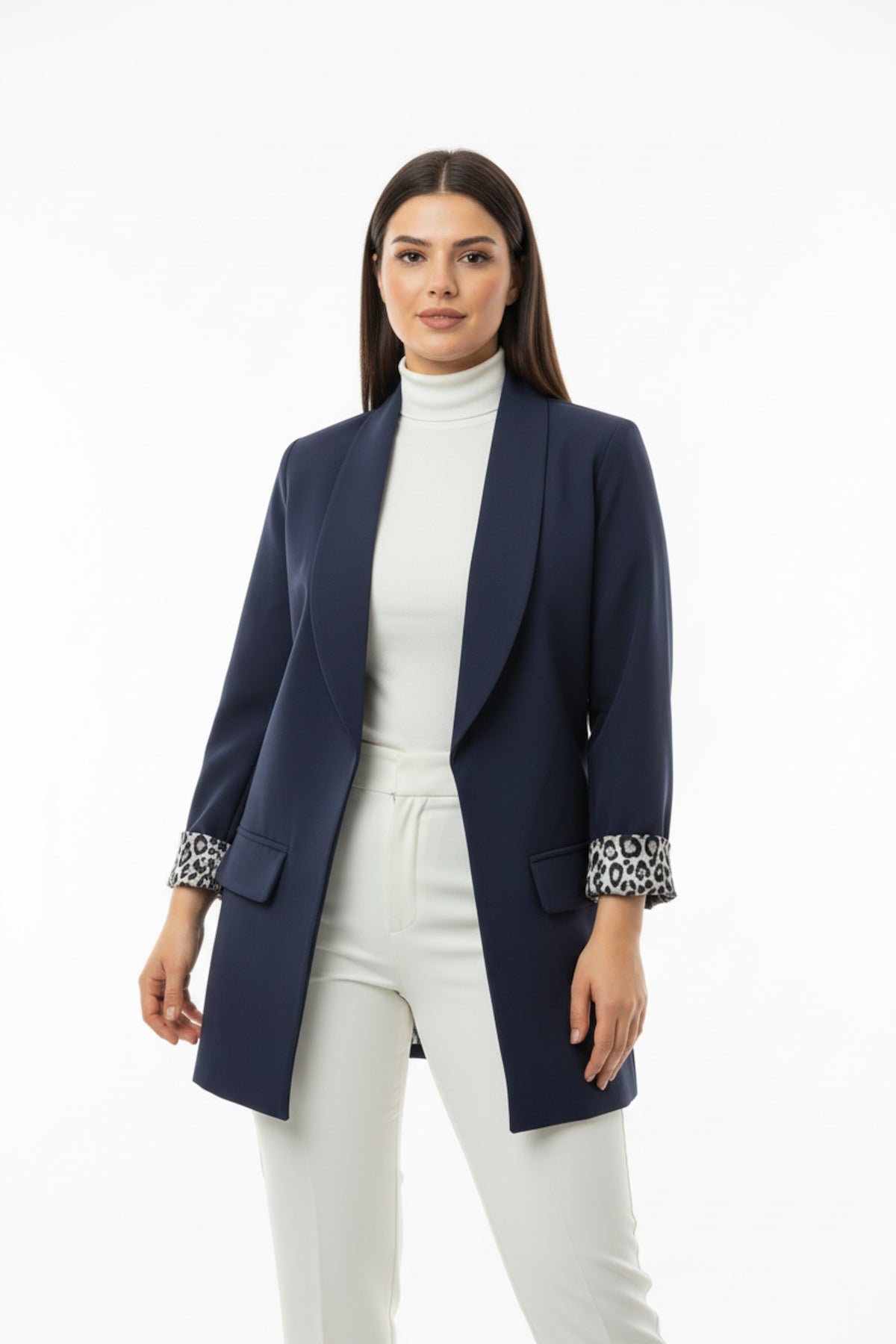 Shawl - Collar Leopard - Lined Blazer — Navy