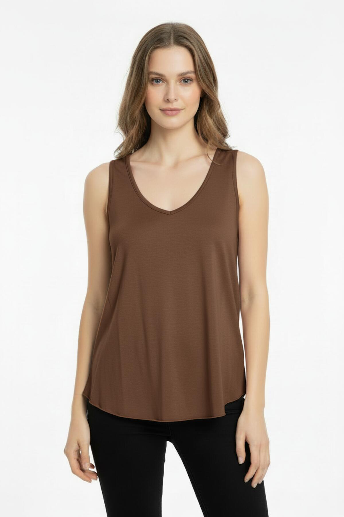 Brown V - Neck Top With Rounded Hem