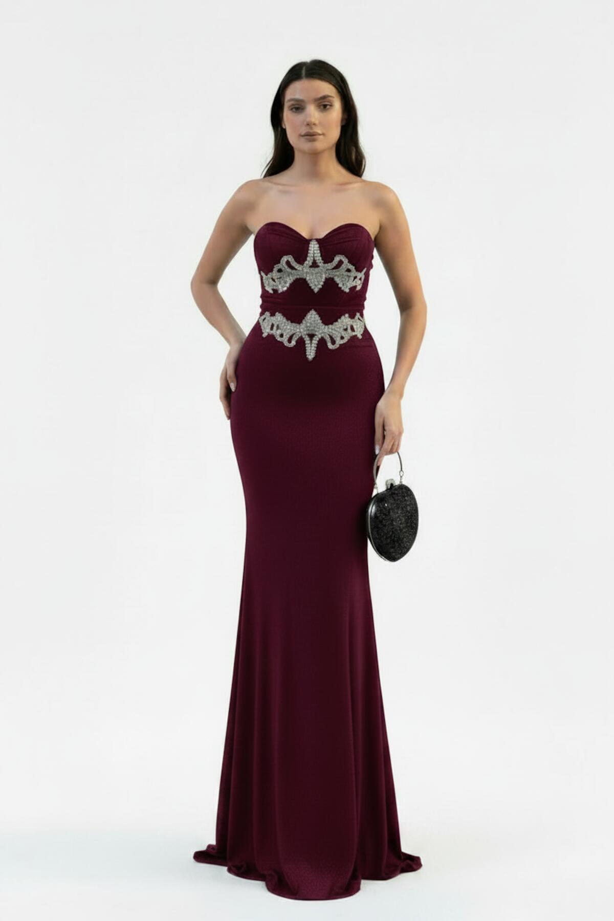 Plum Stone‑Embellished Mermaid Gown