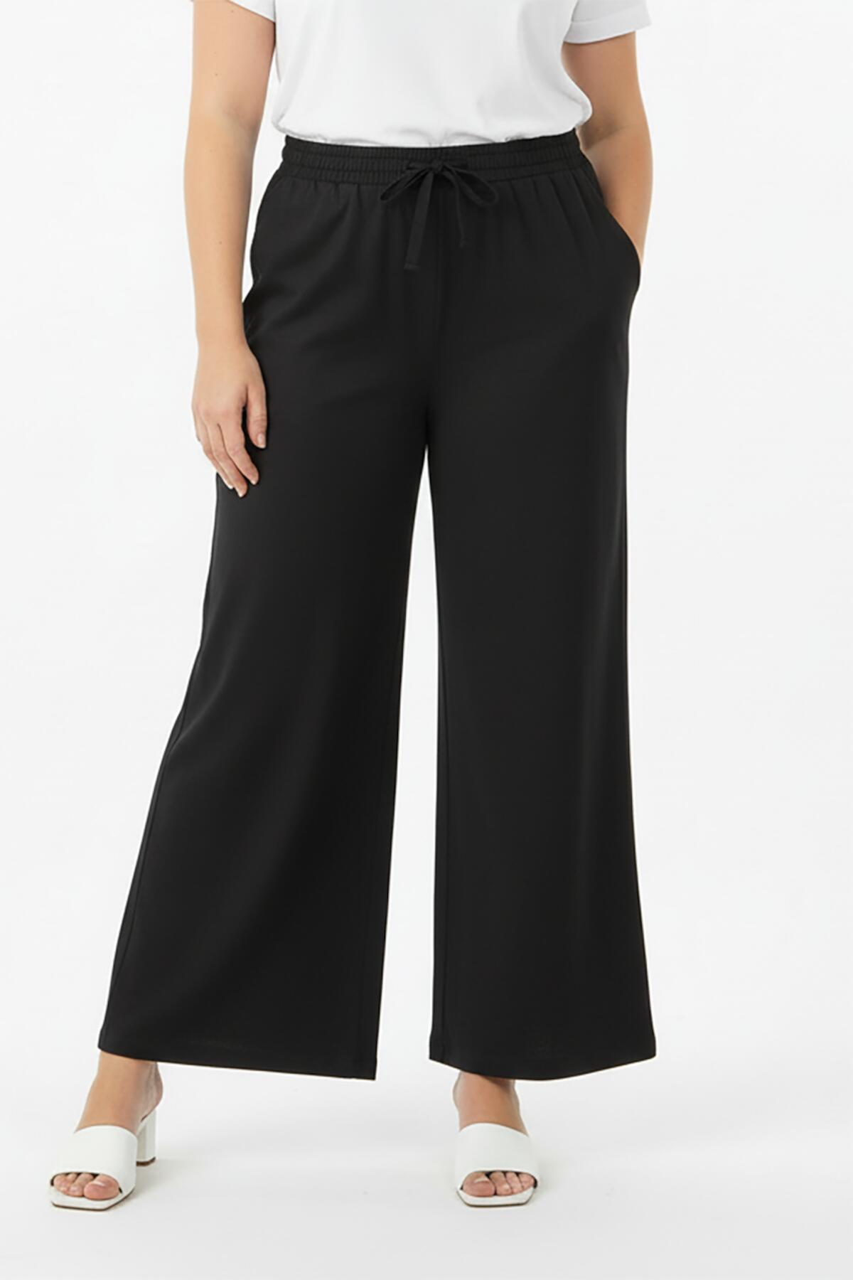 Plus - Size Long Trousers With Elastic Waist — Black