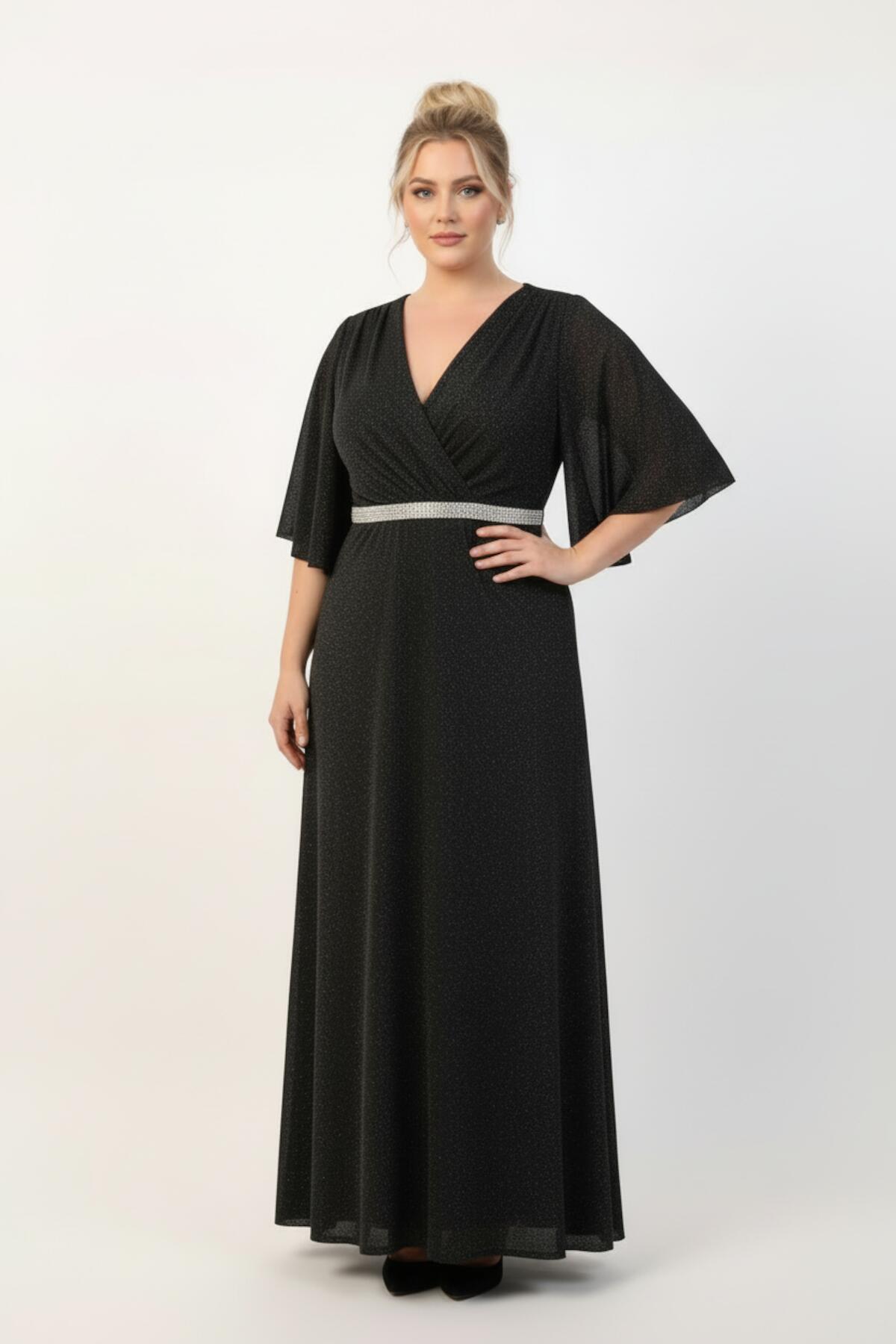 Plus - Size Long Evening Dress With Beaded Waist And Strip Detailing — Black