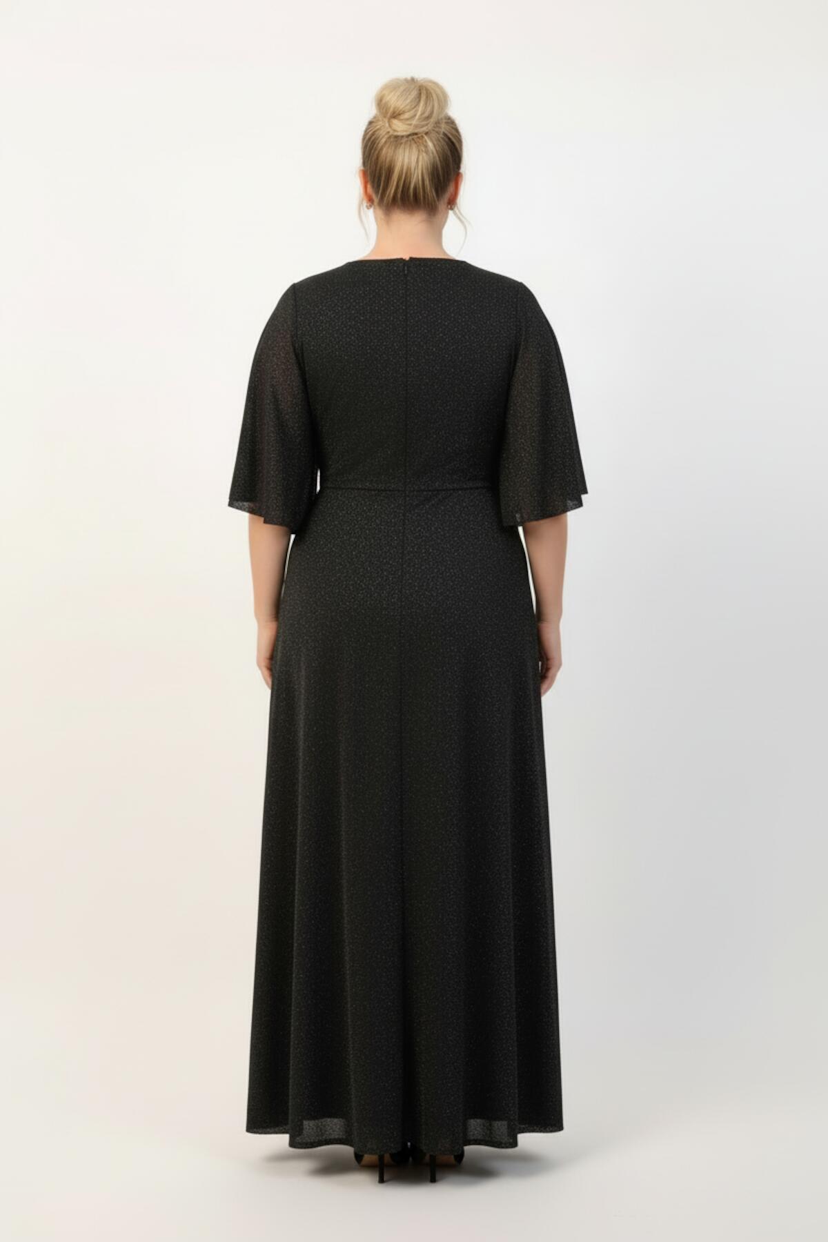Plus - Size Long Evening Dress With Beaded Waist And Strip Detailing — Black