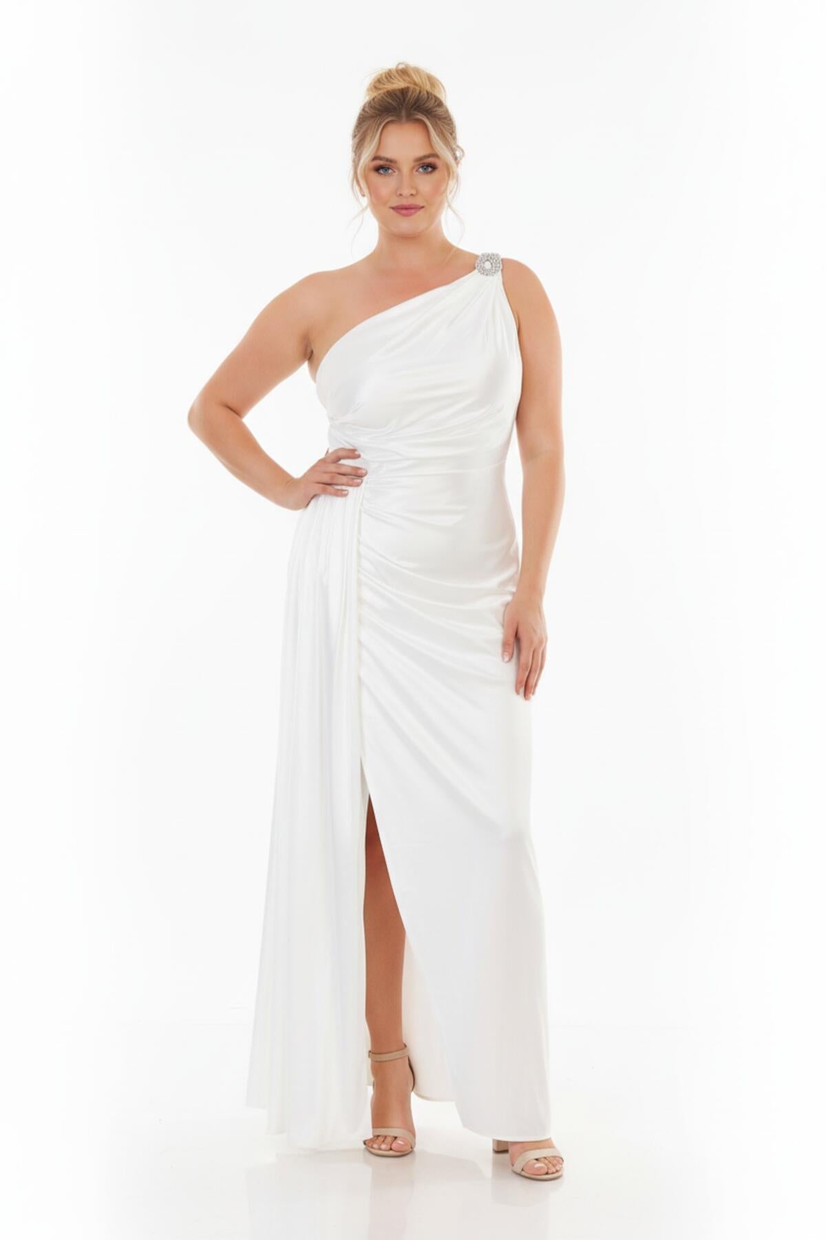 Plus - Size Long Satin Gown With Shoulder Detail — White