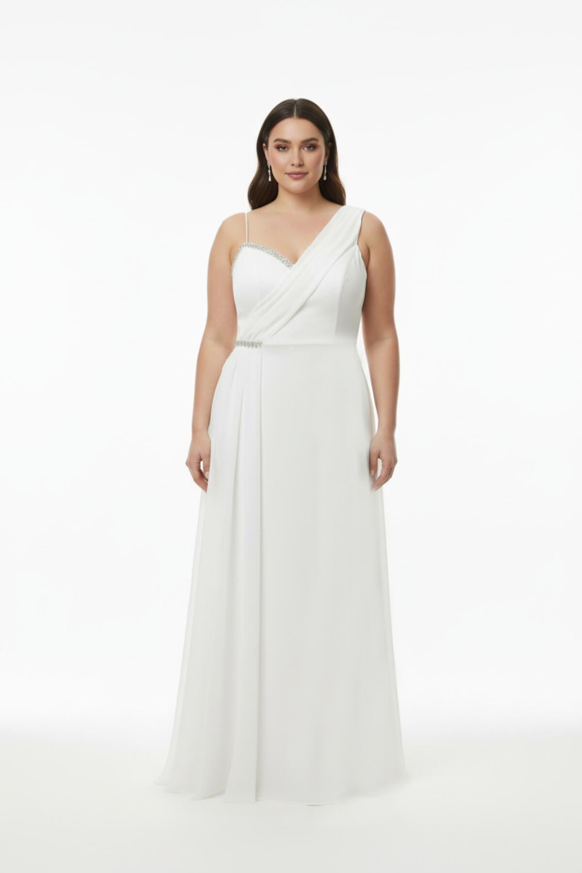 Plus - Size Sleeveless Long Evening Dress, Shaped At Bust And Waist — White