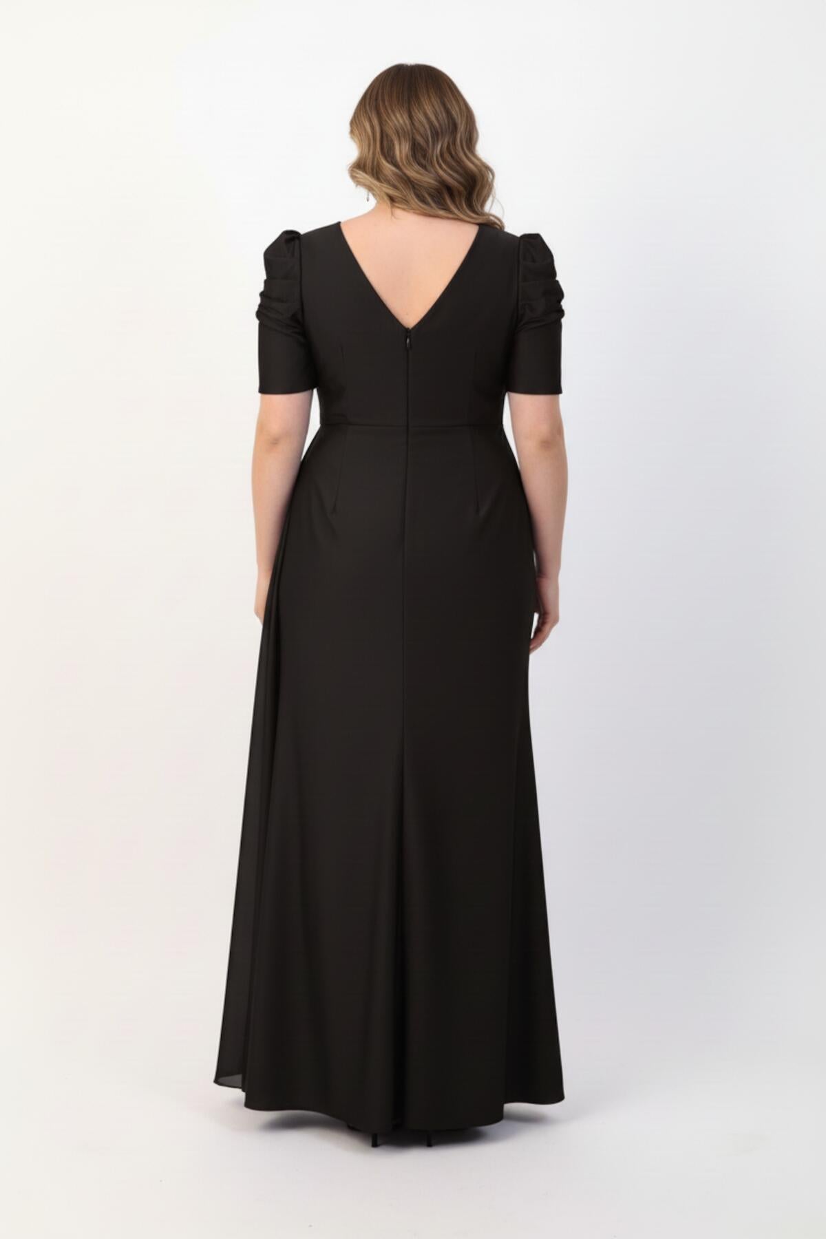 Plus - Size Long Evening Dress With Waist Detail, Short Sleeves — Black