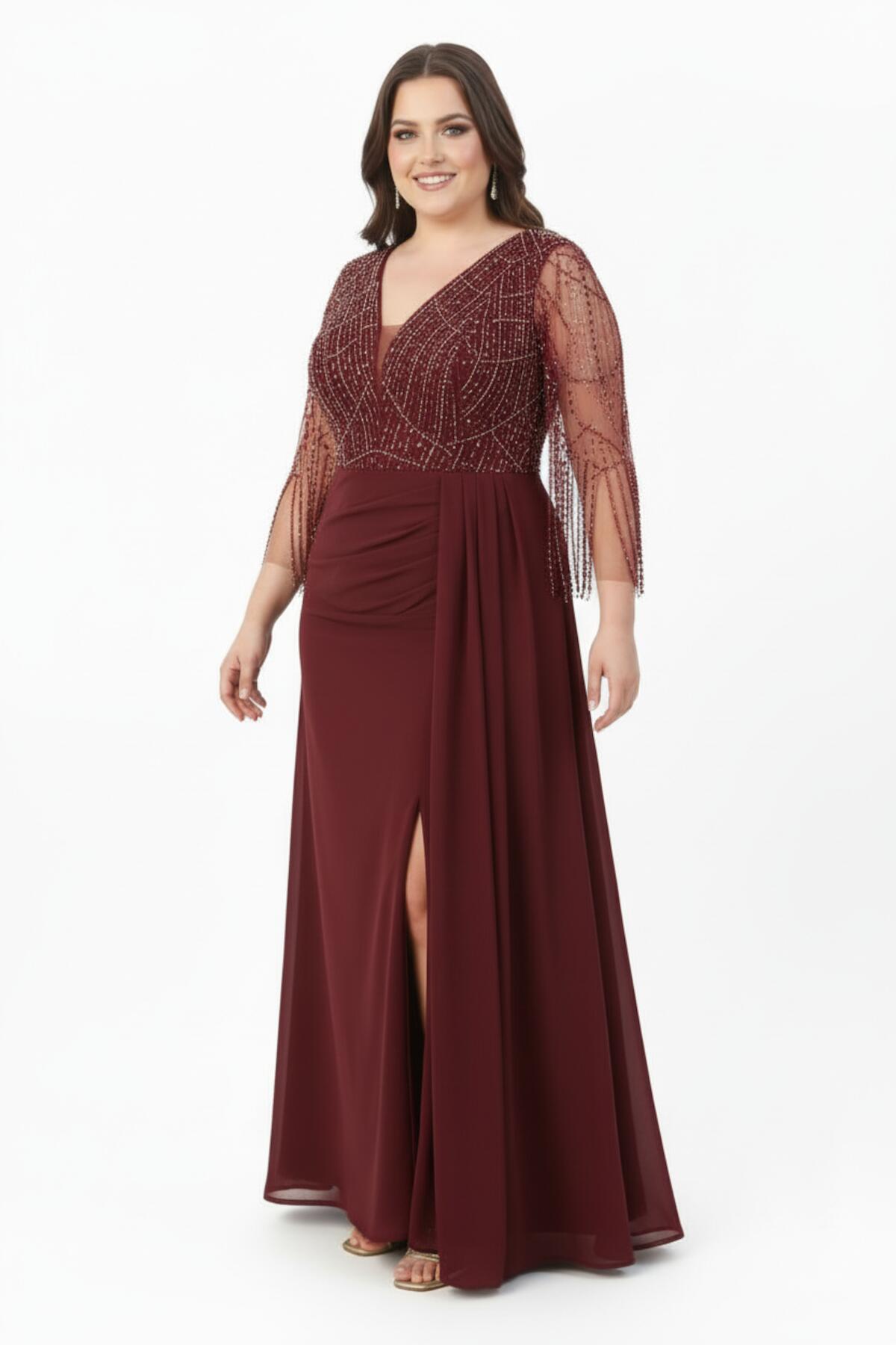 Burgundy Sequin And Beaded Chiffon Evening Dress — Plus Size