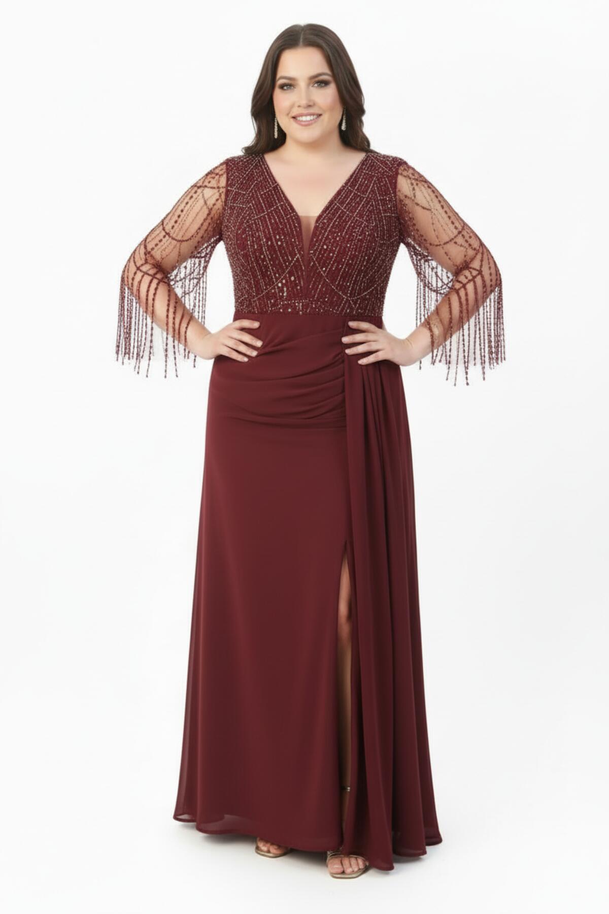 Burgundy Sequin And Beaded Chiffon Evening Dress — Plus Size