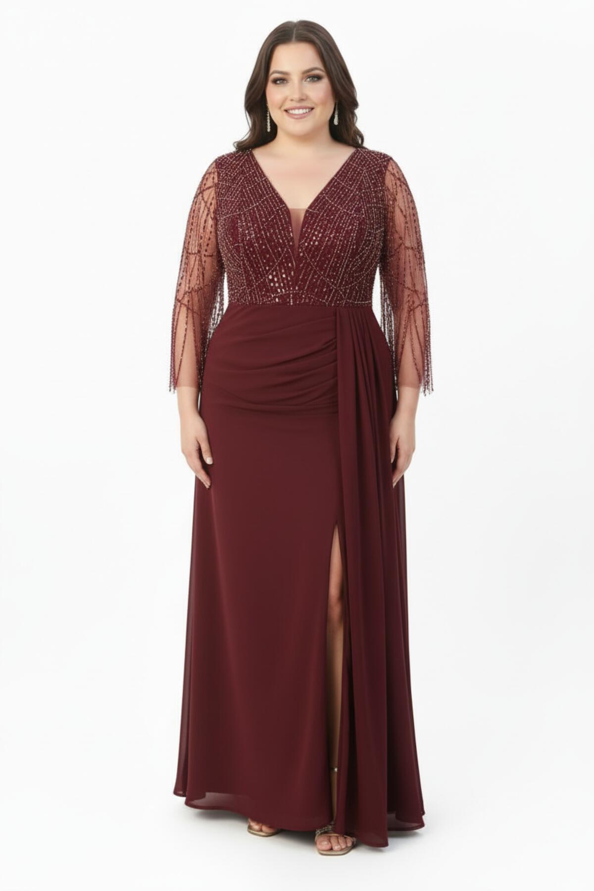 Burgundy Sequin And Beaded Chiffon Evening Dress — Plus Size