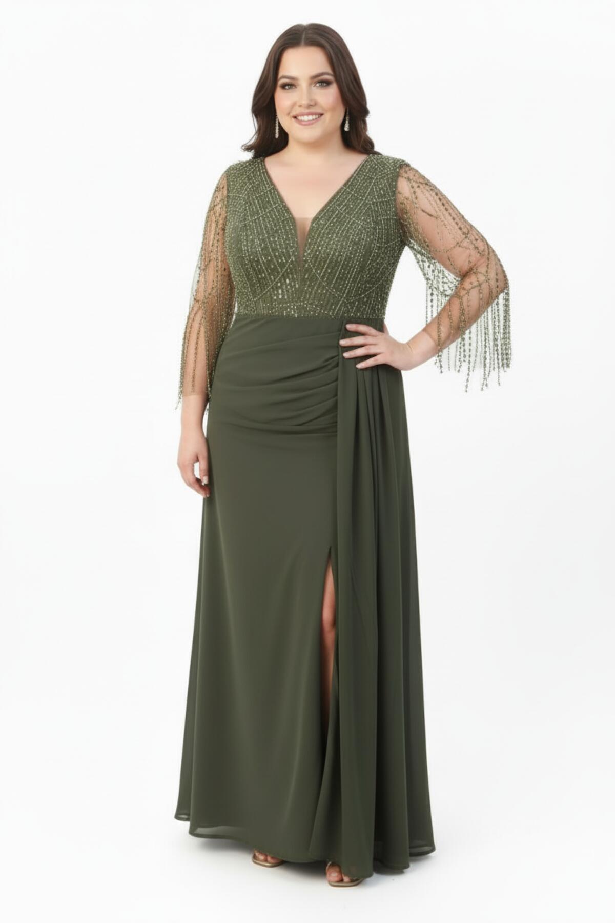 Khaki Plus - Size Chiffon Gown With Sequin & Bead Detail