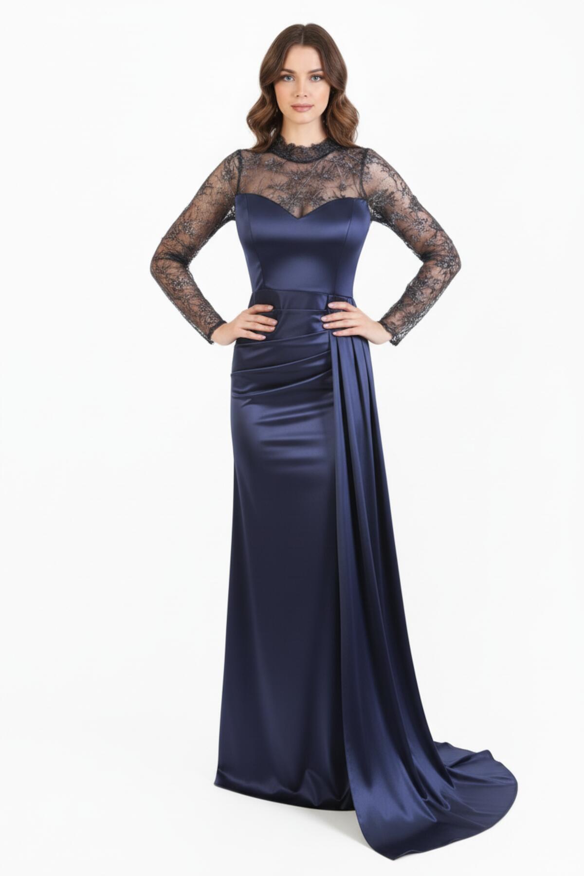 Satin Long Evening Dress With Lace Sleeves — Navy